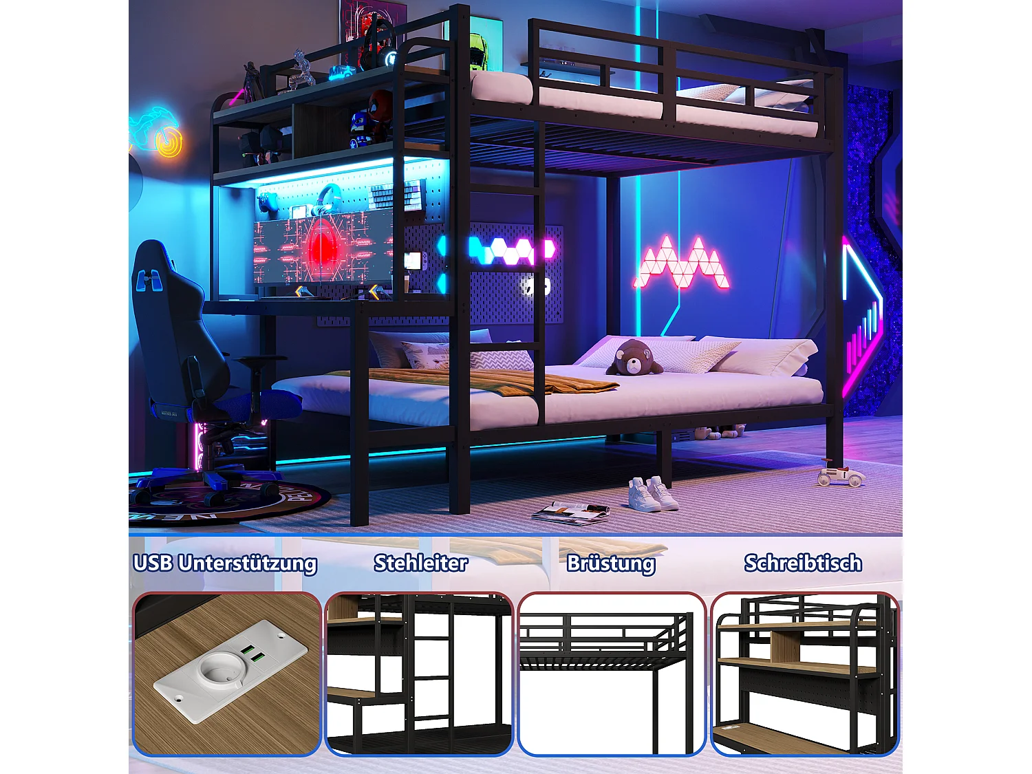 Lit superposé pour enfant - 2 x 140 x 200 cm - structure en fer - avec bureau + Leds + USB + étagère - métal - noir