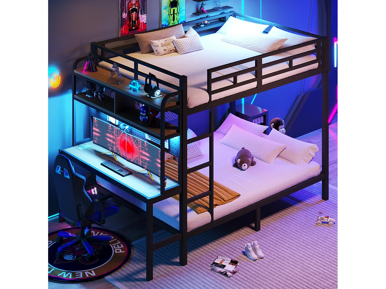 Lit superposé pour enfant - 2 x 140 x 200 cm - structure en fer - avec bureau + Leds + USB + étagère - métal - noir