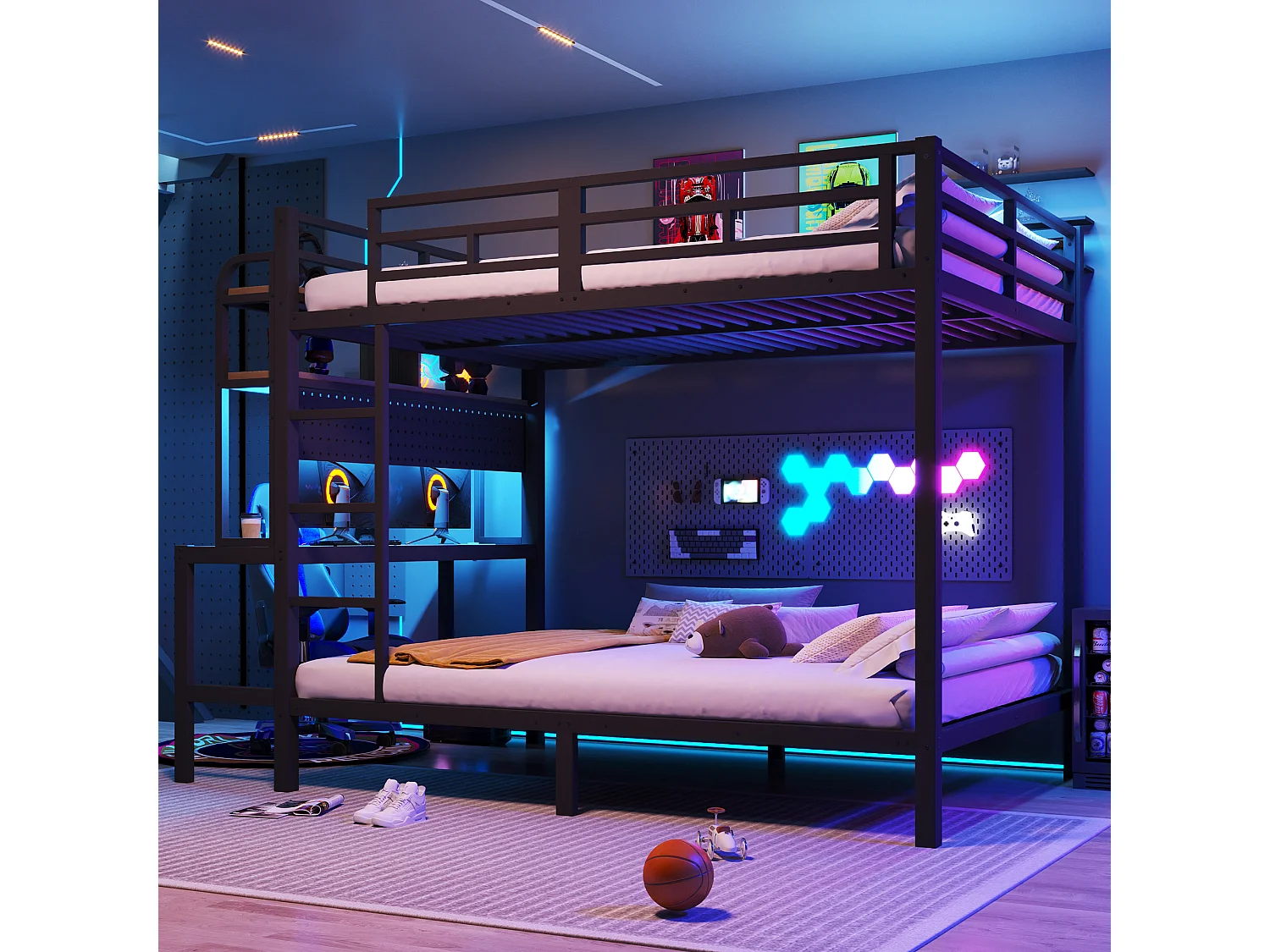 Lit superposé pour enfant - 2 x 140 x 200 cm - structure en fer - avec bureau + Leds + USB + étagère - métal - noir