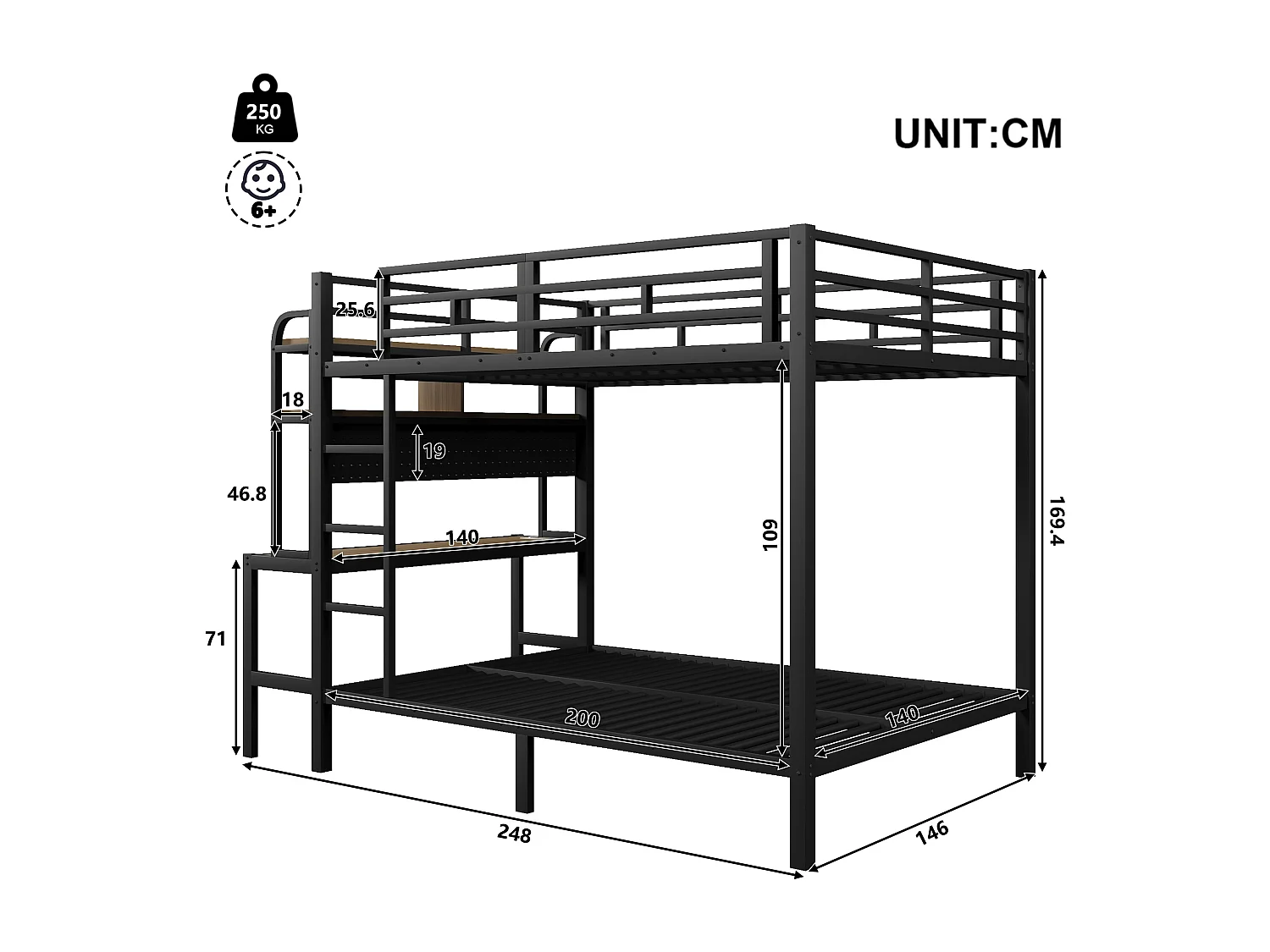 Lit superposé pour enfant - 2 x 140 x 200 cm - structure en fer - avec bureau + Leds + USB + étagère - métal - noir