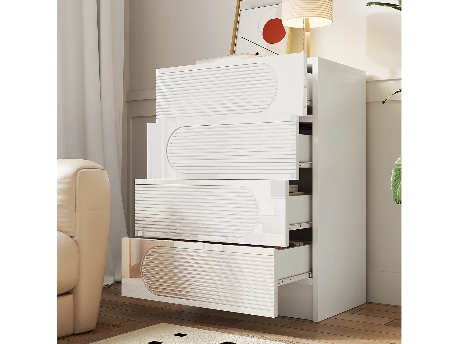 Modernes Aufbewahrungsmöbel mit 4 Schubladen für Büro, Schlafzimmer und Wohnzimmer – 60 x 38,5 x 85 cm – MDF + Spanplatte – weiß