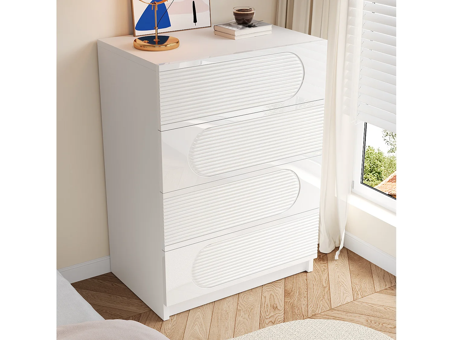 Modernes Aufbewahrungsmöbel mit 4 Schubladen für Büro, Schlafzimmer und Wohnzimmer – 60 x 38,5 x 85 cm – MDF + Spanplatte – weiß