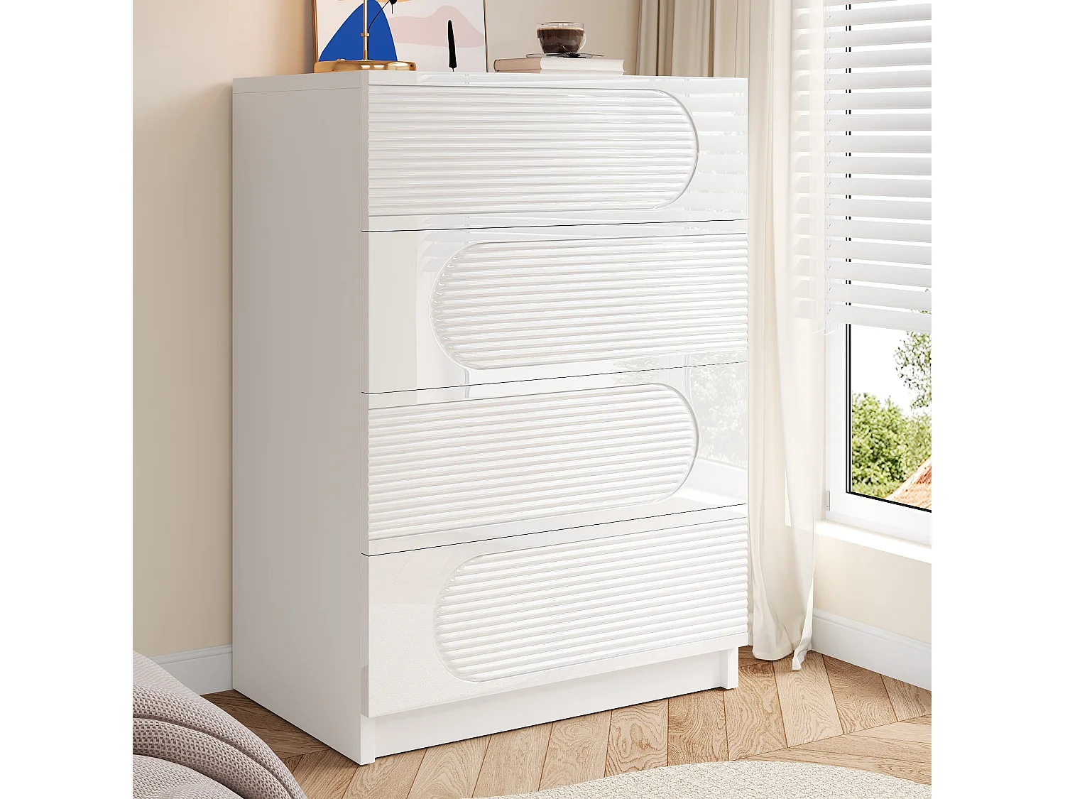 Modernes Aufbewahrungsmöbel mit 4 Schubladen für Büro, Schlafzimmer und Wohnzimmer – 60 x 38,5 x 85 cm – MDF + Spanplatte – weiß