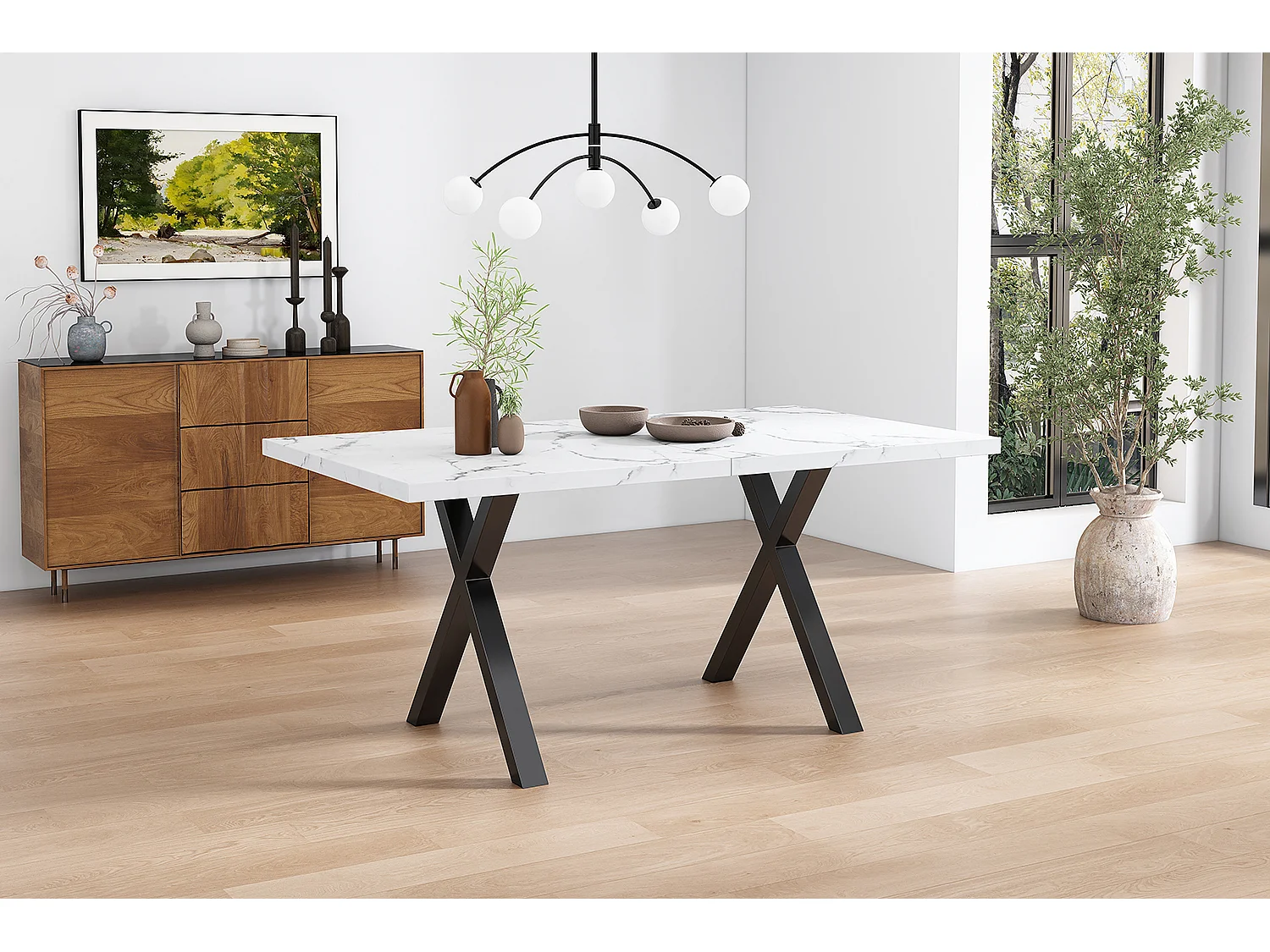 Table de salle à manger rectangulaire en fer forgé - 140 x 80 x 76 cm - effet marbre - MDF - blanc + noir