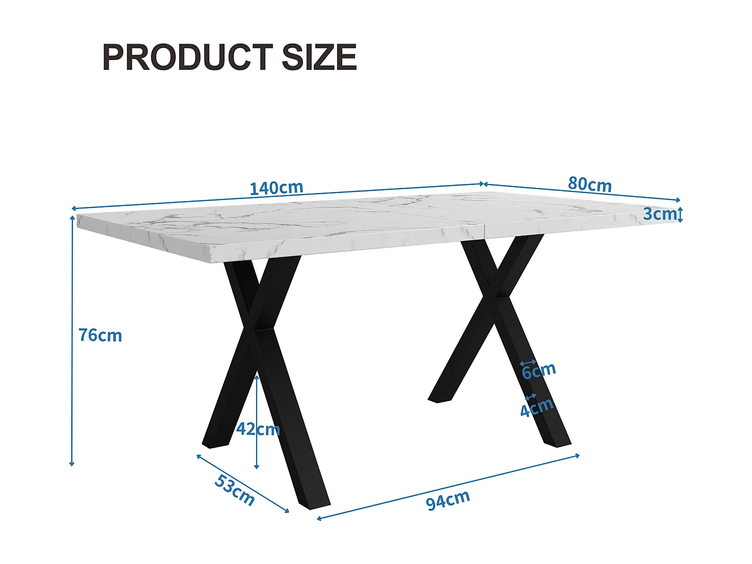 Table de salle à manger rectangulaire en fer forgé - 140 x 80 x 76 cm - effet marbre - MDF - blanc + noir