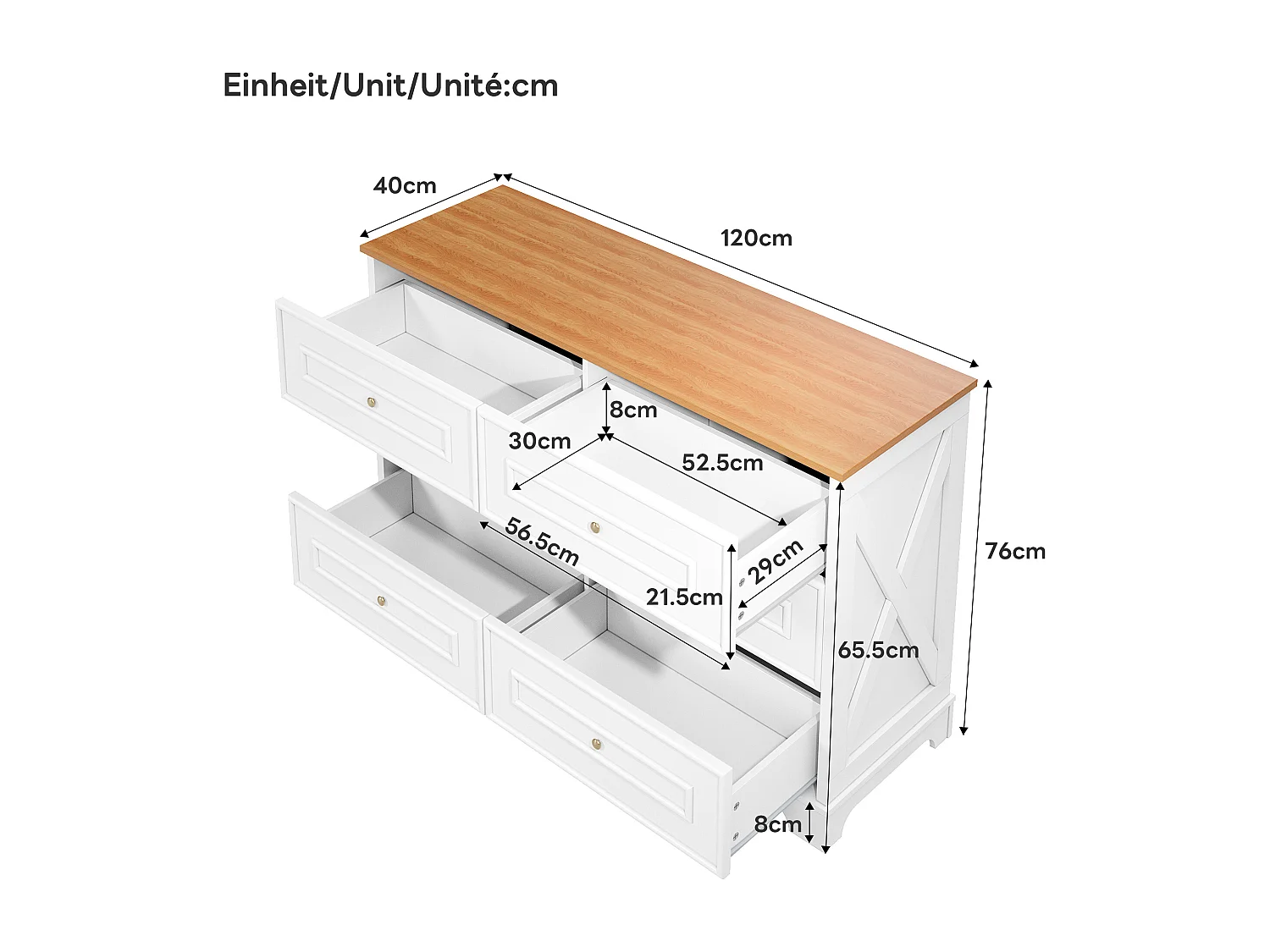 Moderne Kommode mit 6 Schubladen – 120 x 40 x 76 cm – für Wohnzimmer, Esszimmer und Eingangsbereich – MDF und Spanplatte – weiß