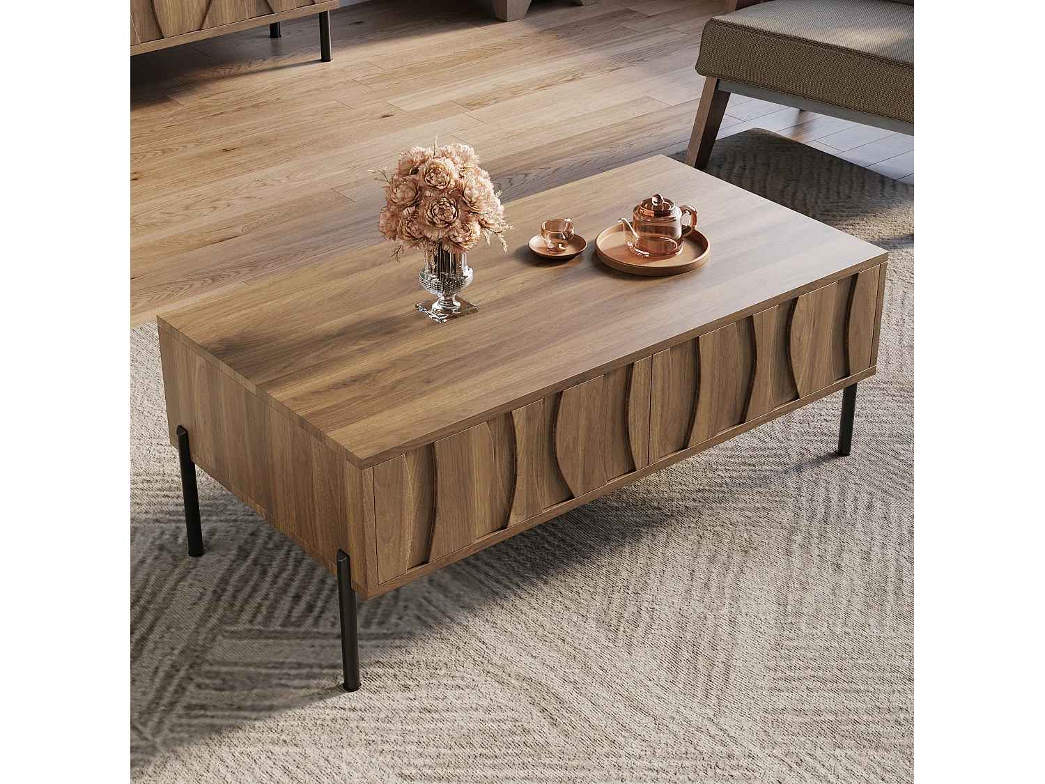 Moderner Couchtisch im Retro-Stil – 105 x 55 x 41 cm – mit 2 Schubladen – MDF + Spanplatte – natur