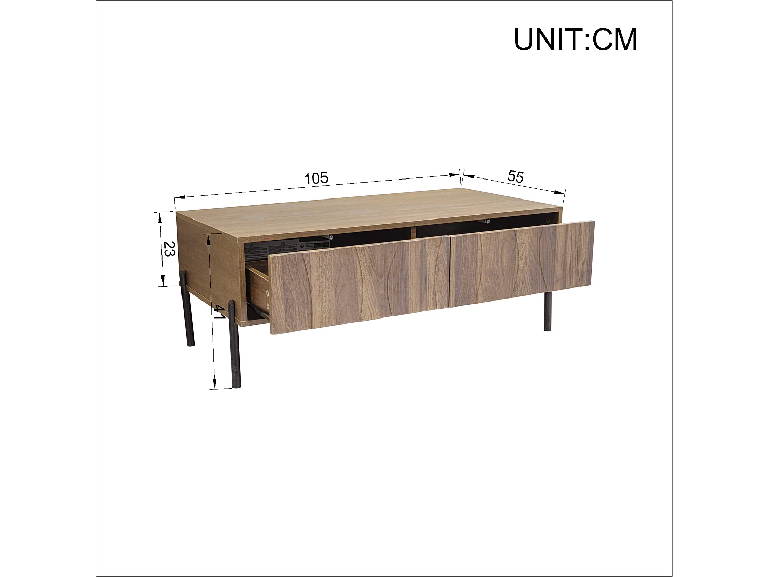 Moderner Couchtisch im Retro-Stil – 105 x 55 x 41 cm – mit 2 Schubladen – MDF + Spanplatte – natur