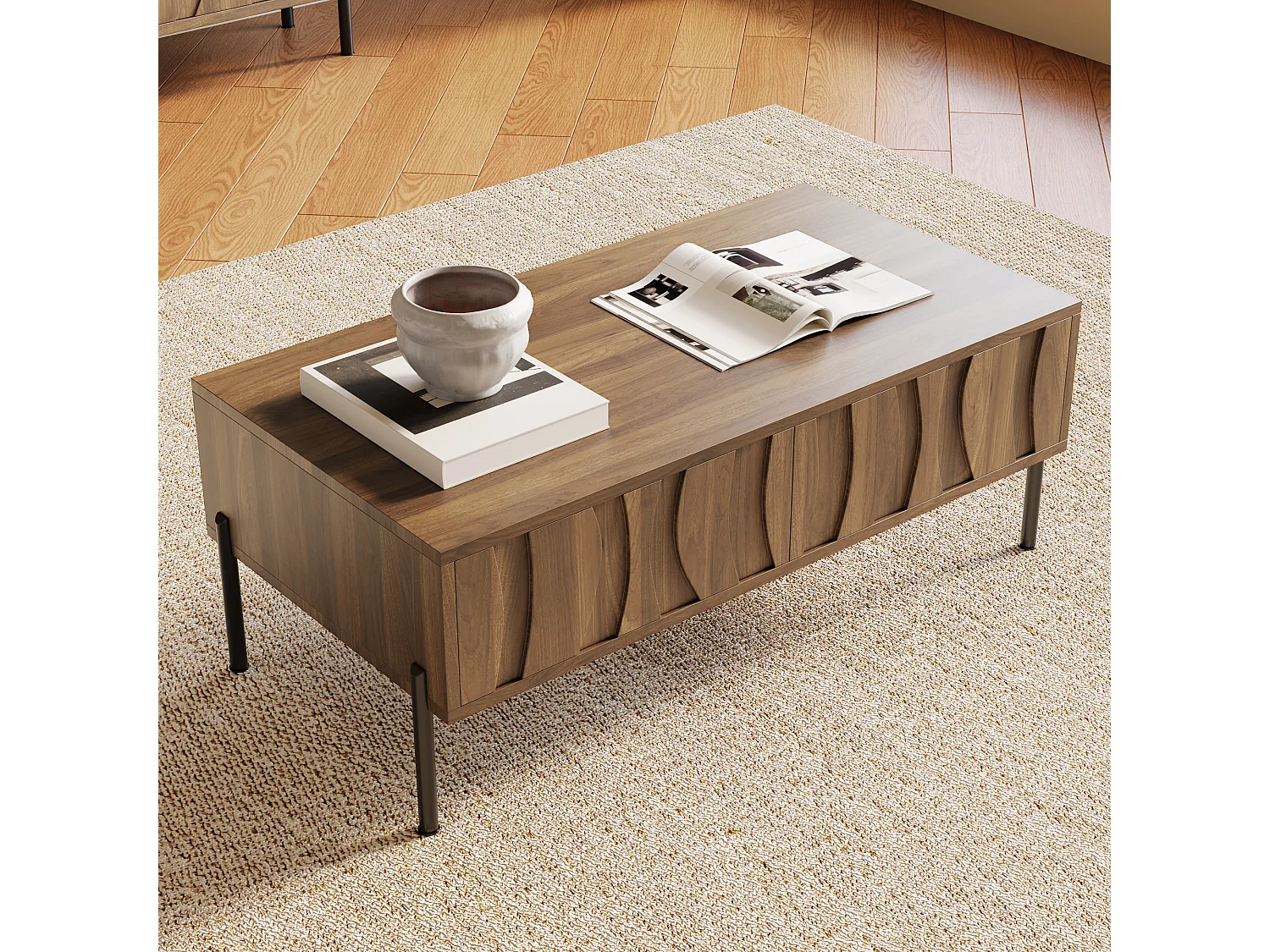 Moderner Couchtisch im Retro-Stil – 105 x 55 x 41 cm – mit 2 Schubladen – MDF + Spanplatte – natur