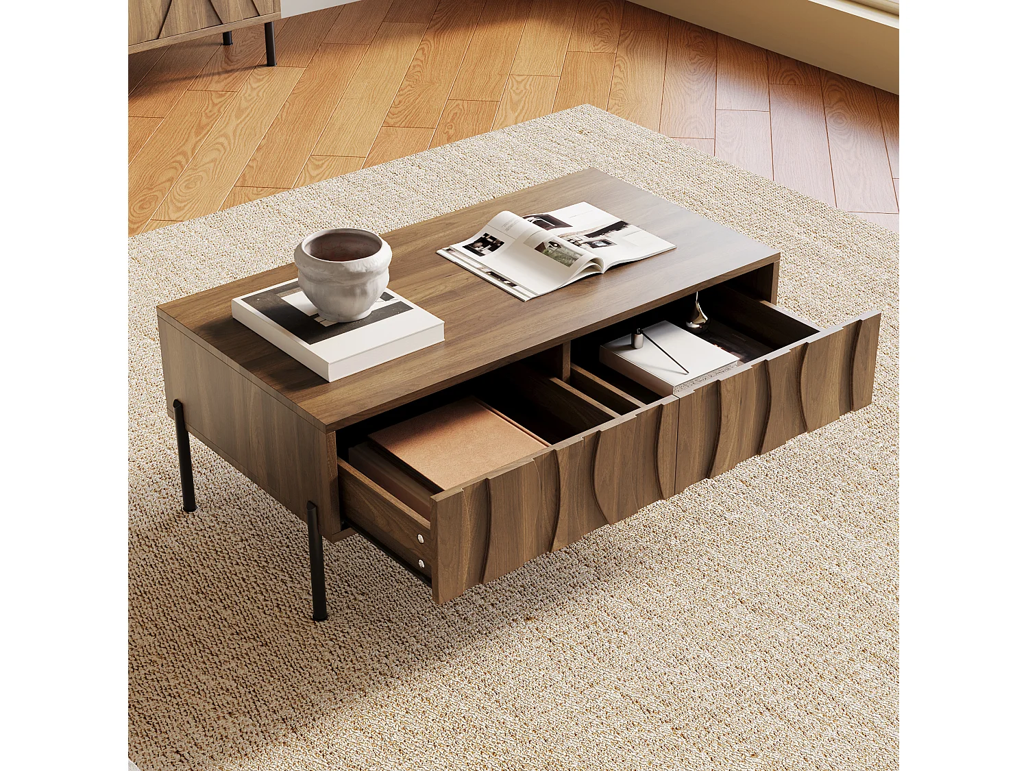 Moderner Couchtisch im Retro-Stil – 105 x 55 x 41 cm – mit 2 Schubladen – MDF + Spanplatte – natur