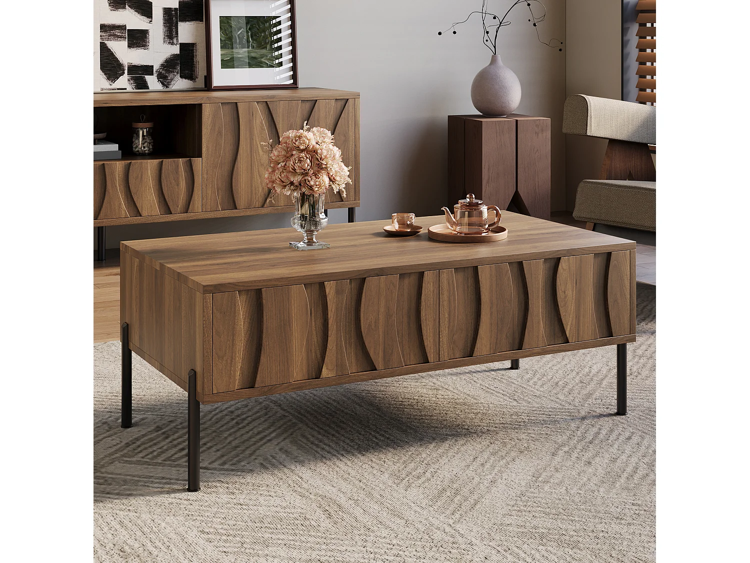 Moderner Couchtisch im Retro-Stil – 105 x 55 x 41 cm – mit 2 Schubladen – MDF + Spanplatte – natur