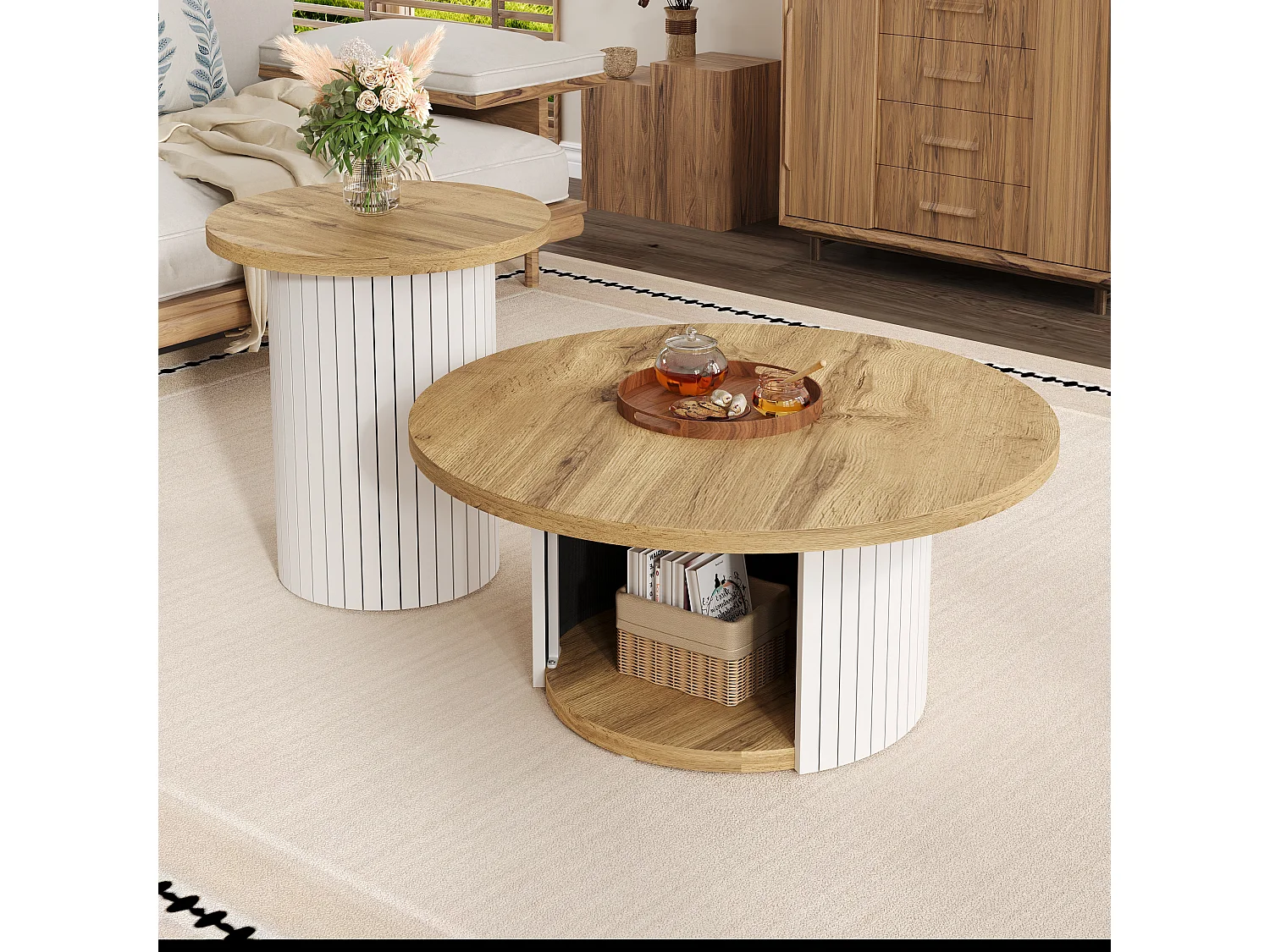 2er-Set Couchtische mit Holzplatten – Wohnzimmertisch mit Stauraum – MDF – Natur