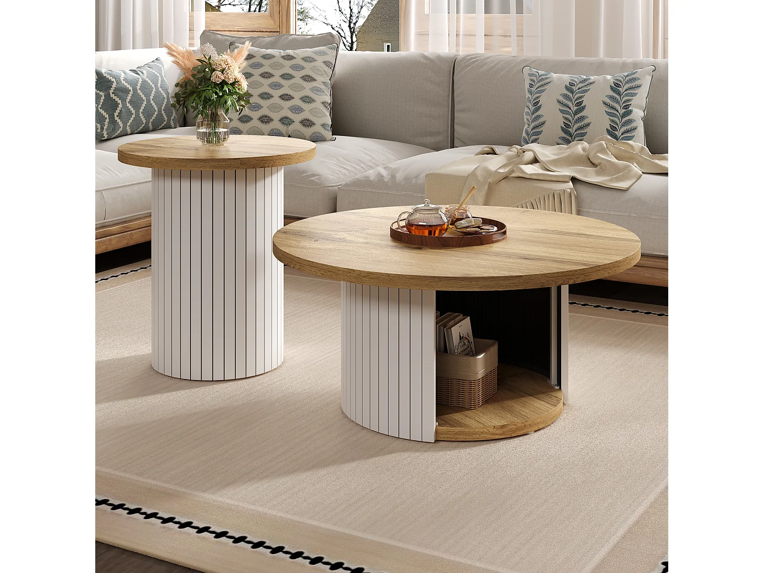 2er-Set Couchtische mit Holzplatten – Wohnzimmertisch mit Stauraum – MDF – Natur