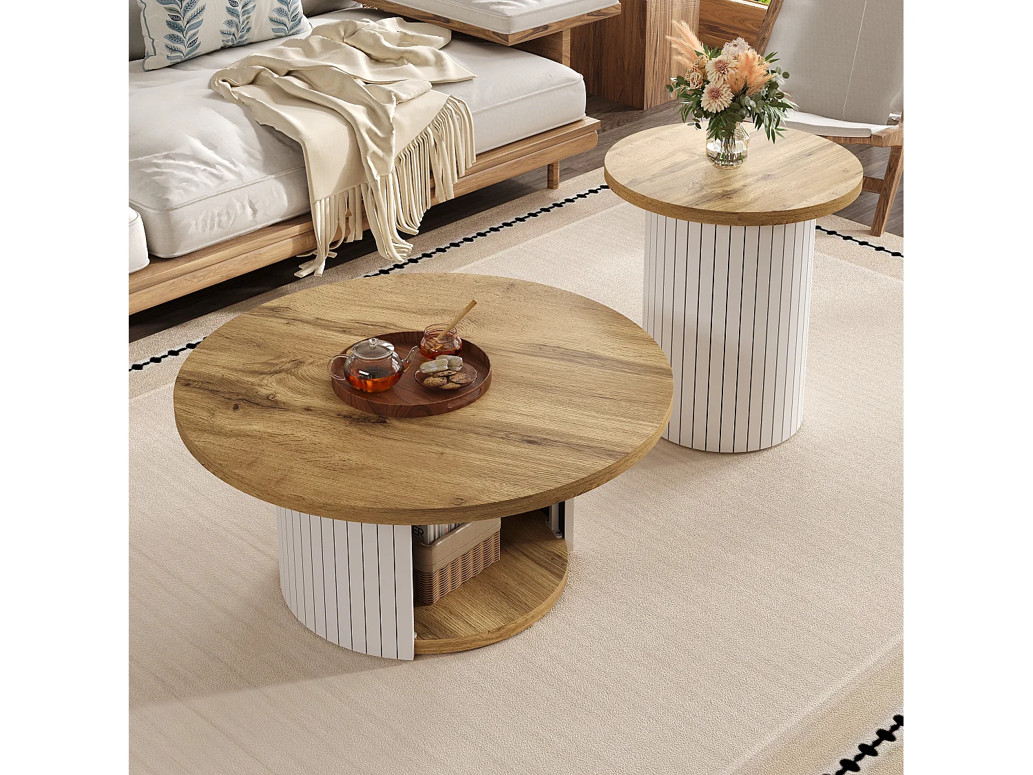 2er-Set Couchtische mit Holzplatten – Wohnzimmertisch mit Stauraum – MDF – Natur