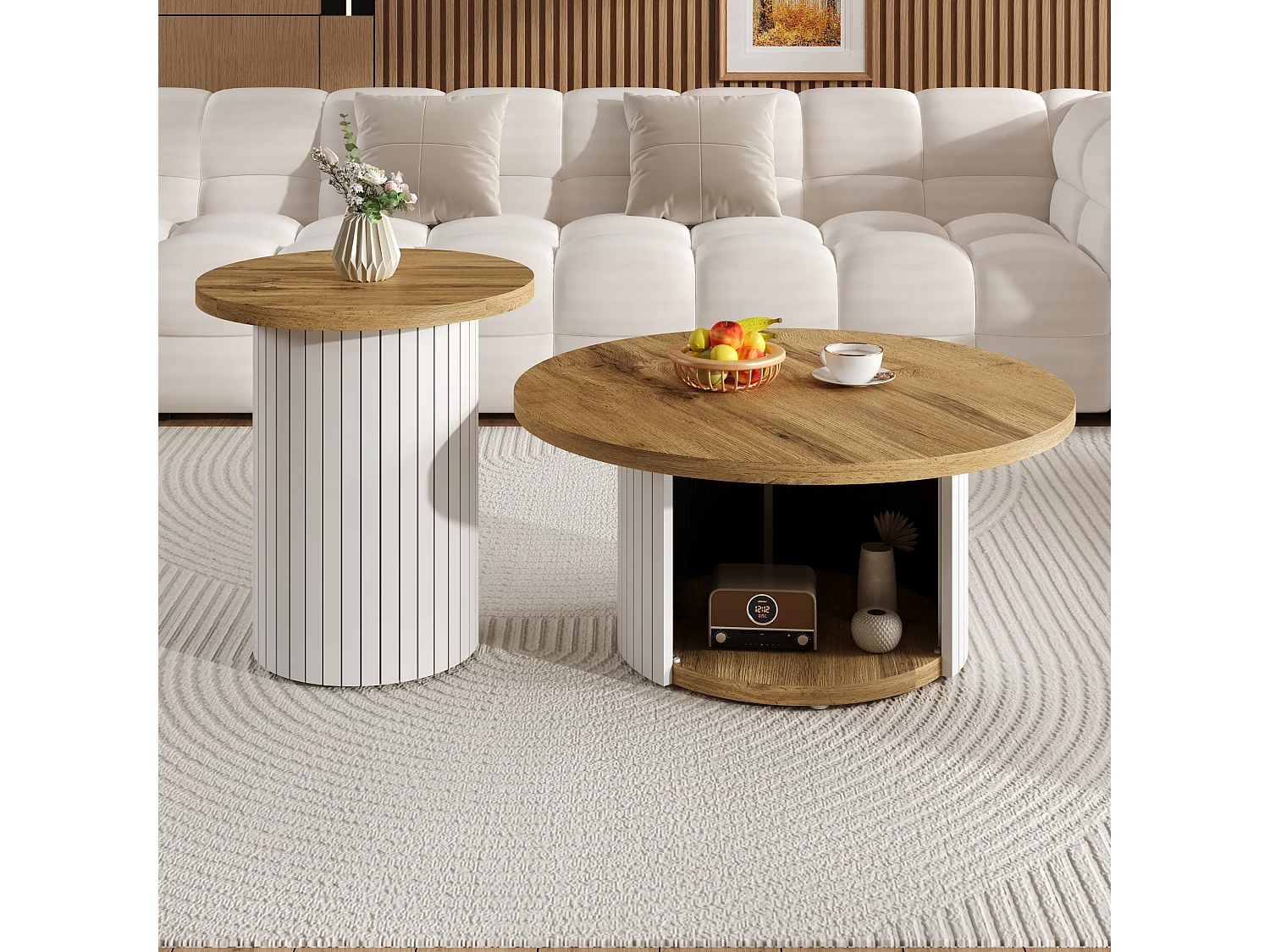 2er-Set Couchtische mit Holzplatten – Wohnzimmertisch mit Stauraum – MDF – Natur
