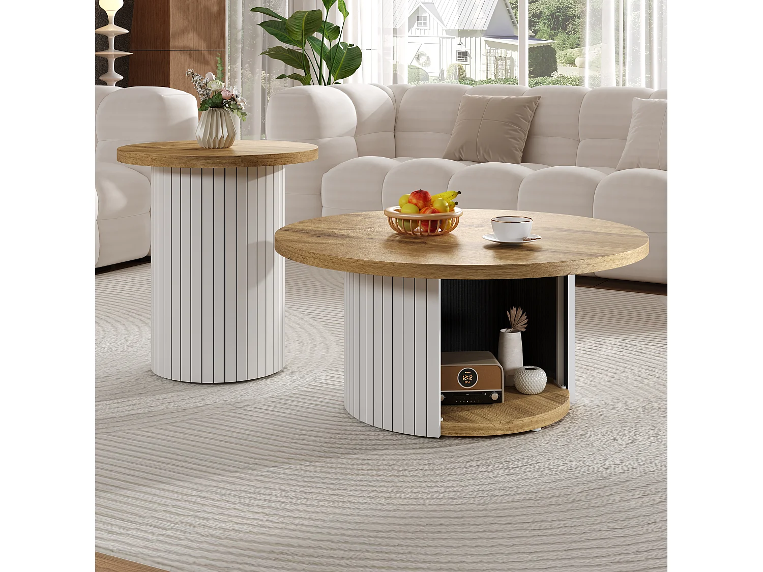 2er-Set Couchtische mit Holzplatten – Wohnzimmertisch mit Stauraum – MDF – Natur