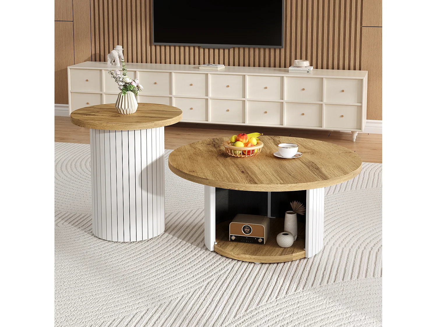 2er-Set Couchtische mit Holzplatten – Wohnzimmertisch mit Stauraum – MDF – Natur