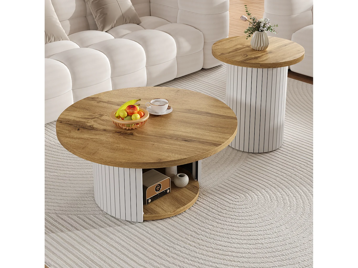 2er-Set Couchtische mit Holzplatten – Wohnzimmertisch mit Stauraum – MDF – Natur