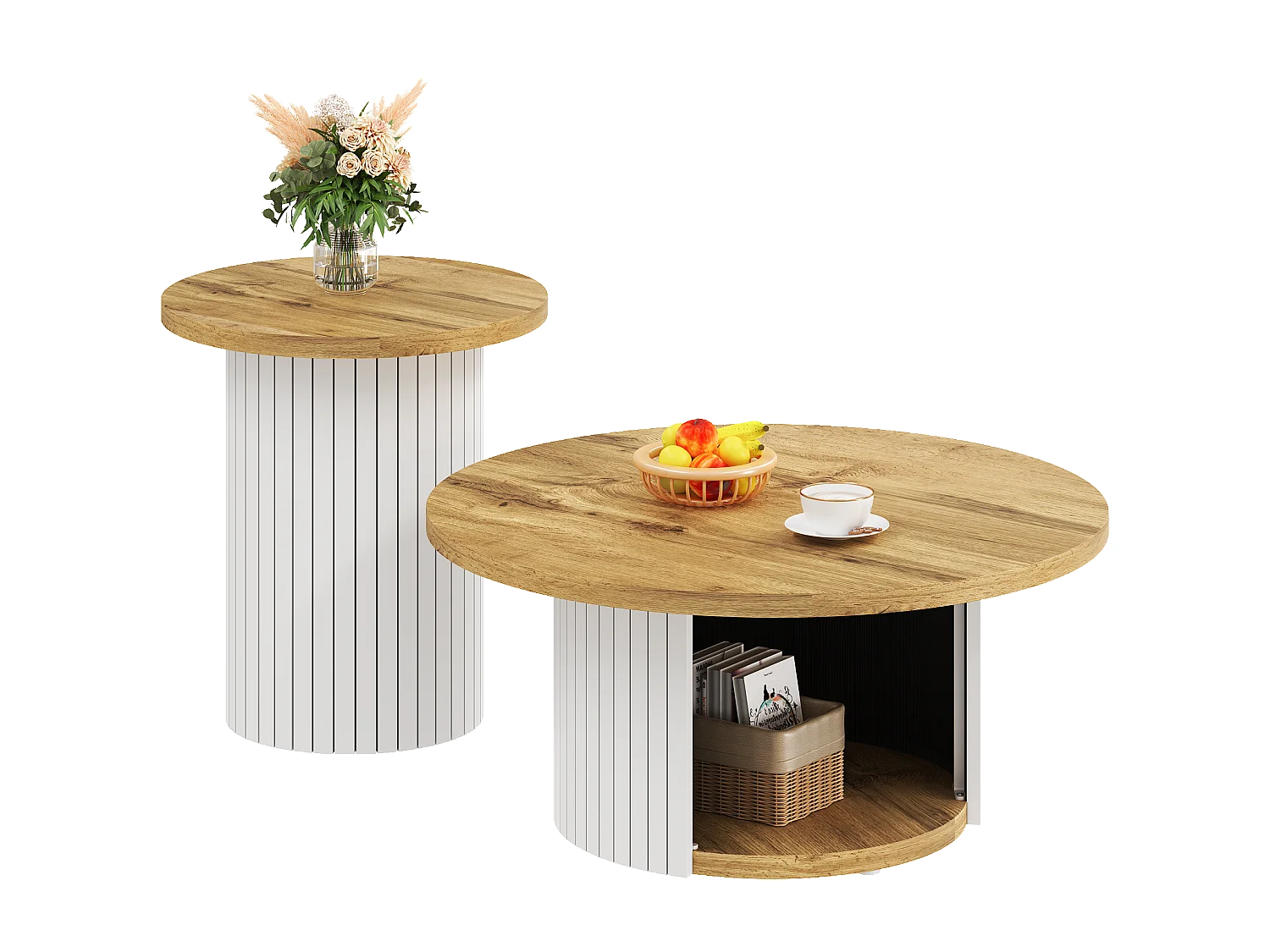Lot de 2 table basse avec plateaux en bois - table de salon avec rangement - MDF - naturel