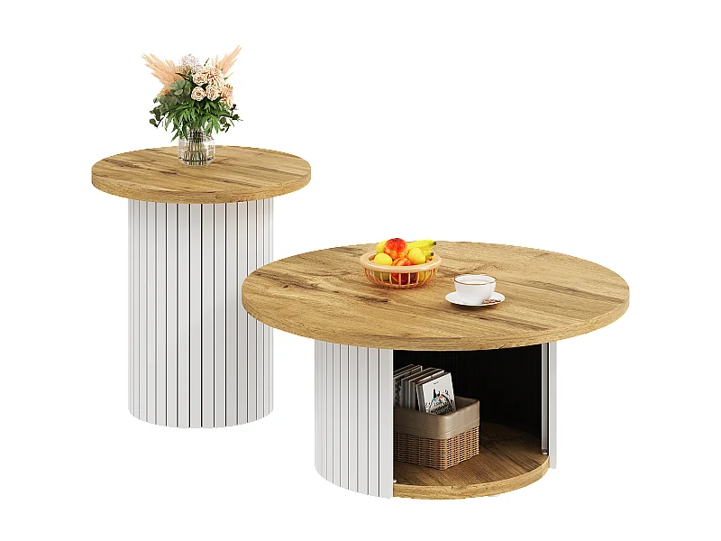 2er-Set Couchtische mit Holzplatten – Wohnzimmertisch mit Stauraum – MDF – Natur