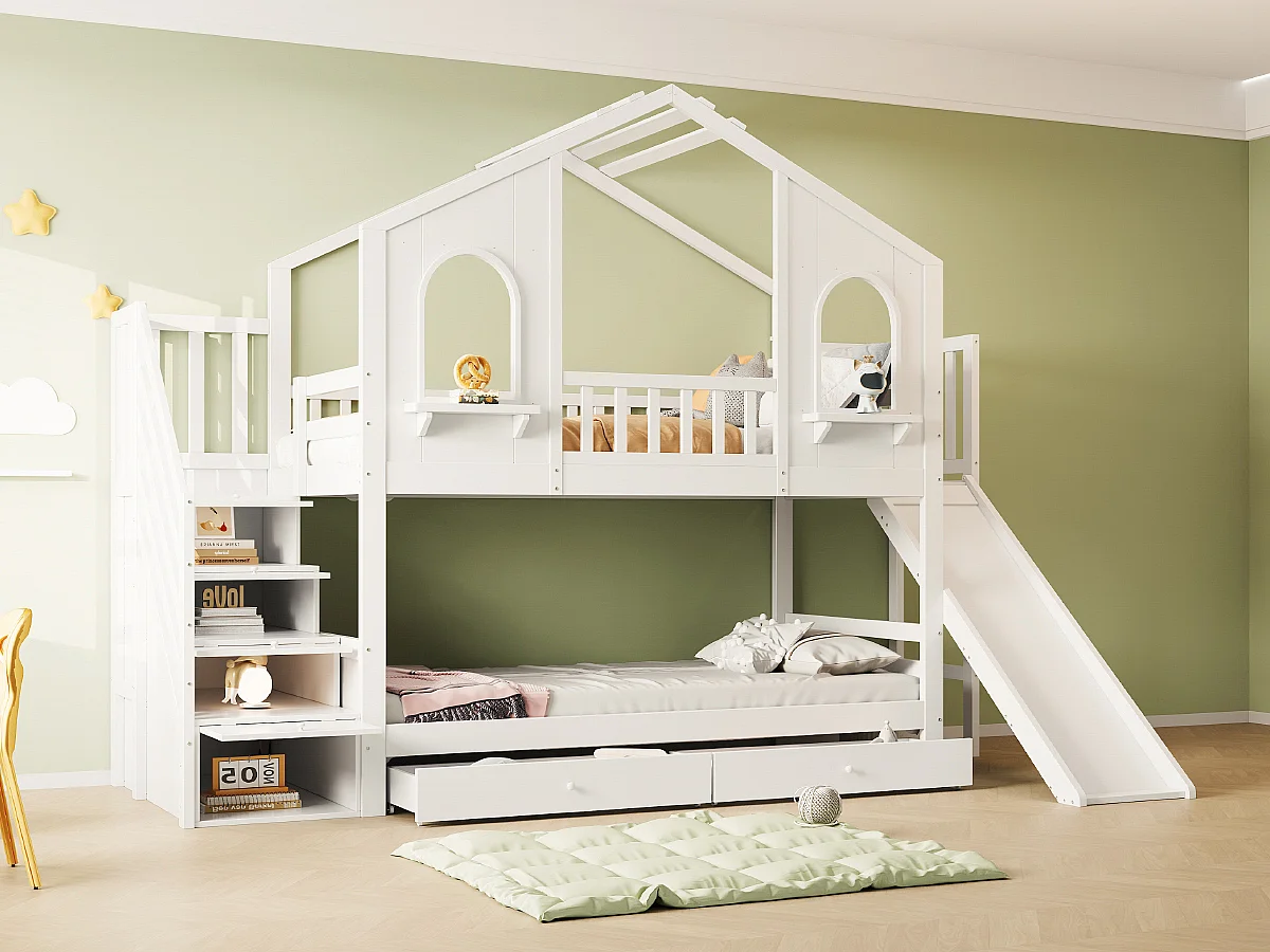 Lit superposés enfant - 2 x 90 x 200 cm - en forme de maison - avec escalier de rangement + tiroirs - bois - blanc