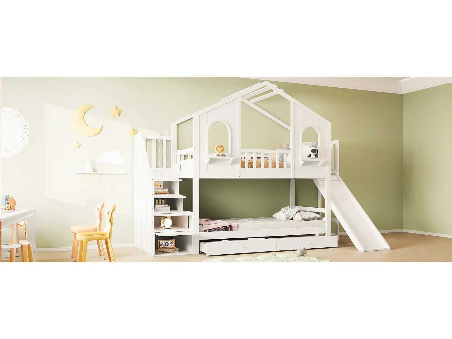 Lit superposés enfant - 2 x 90 x 200 cm - en forme de maison - avec escalier de rangement + tiroirs - bois - blanc