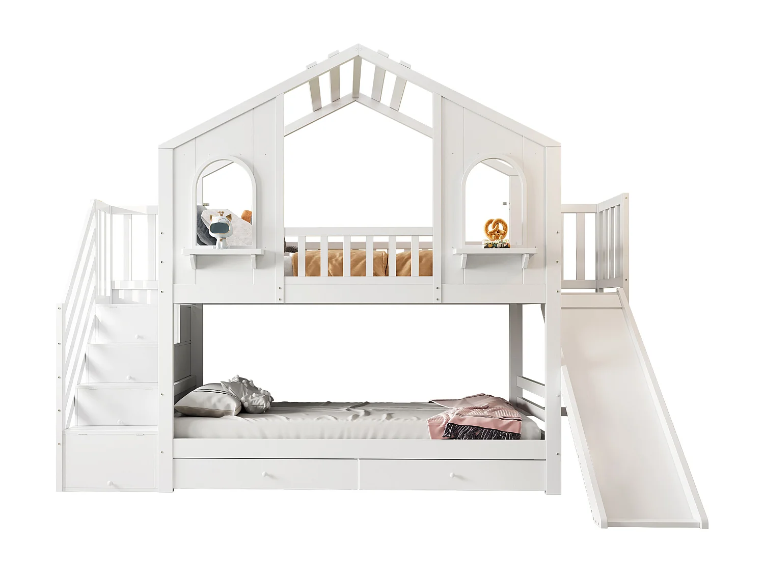 Lit superposés enfant - 2 x 90 x 200 cm - en forme de maison - avec escalier de rangement + tiroirs - bois - blanc