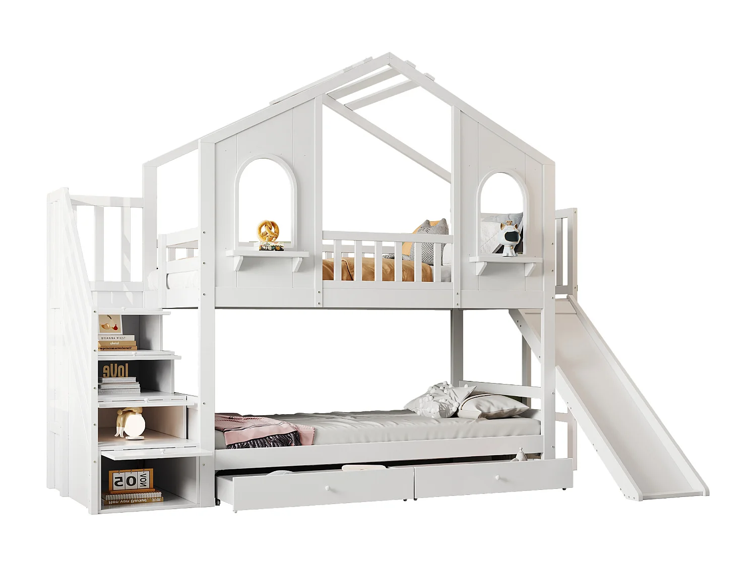Lit superposés enfant - 2 x 90 x 200 cm - en forme de maison - avec escalier de rangement + tiroirs - bois - blanc