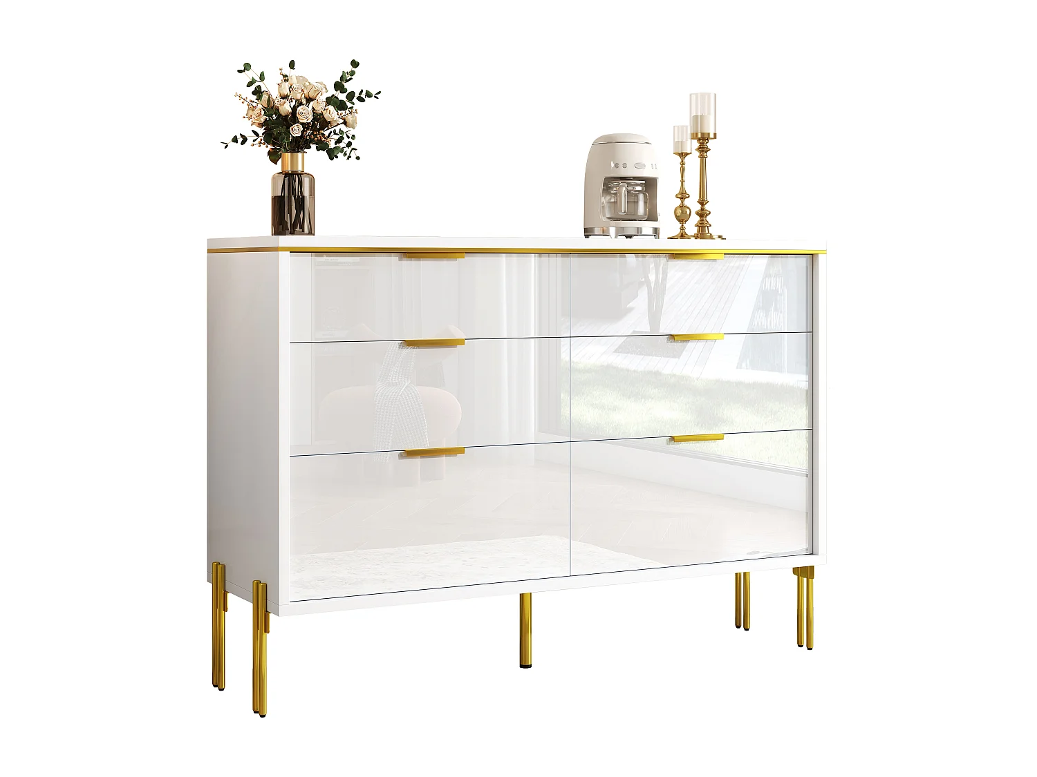 Moderne Kommode mit hochglanzlackierten Fronten und 6 Schubladen – 120 x 40 x 85,5 cm – für das Wohnzimmer – Spanplatte – weiß