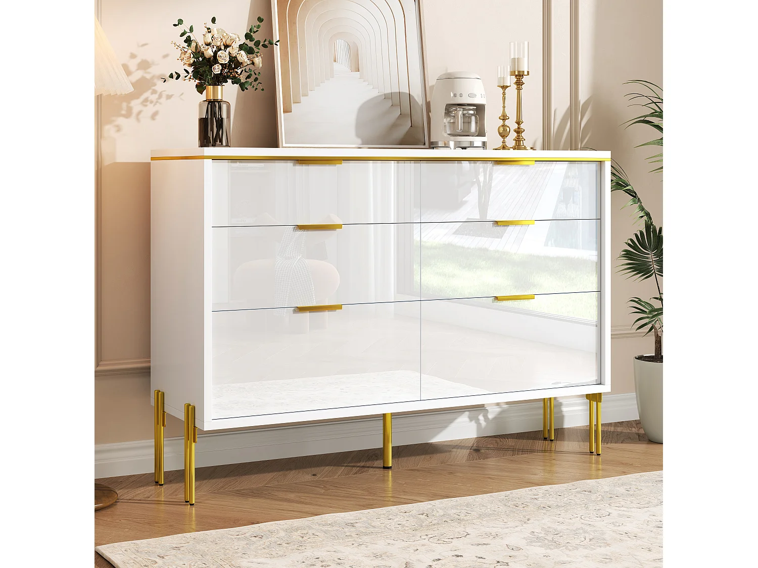 Moderne Kommode mit hochglanzlackierten Fronten und 6 Schubladen – 120 x 40 x 85,5 cm – für das Wohnzimmer – Spanplatte – weiß