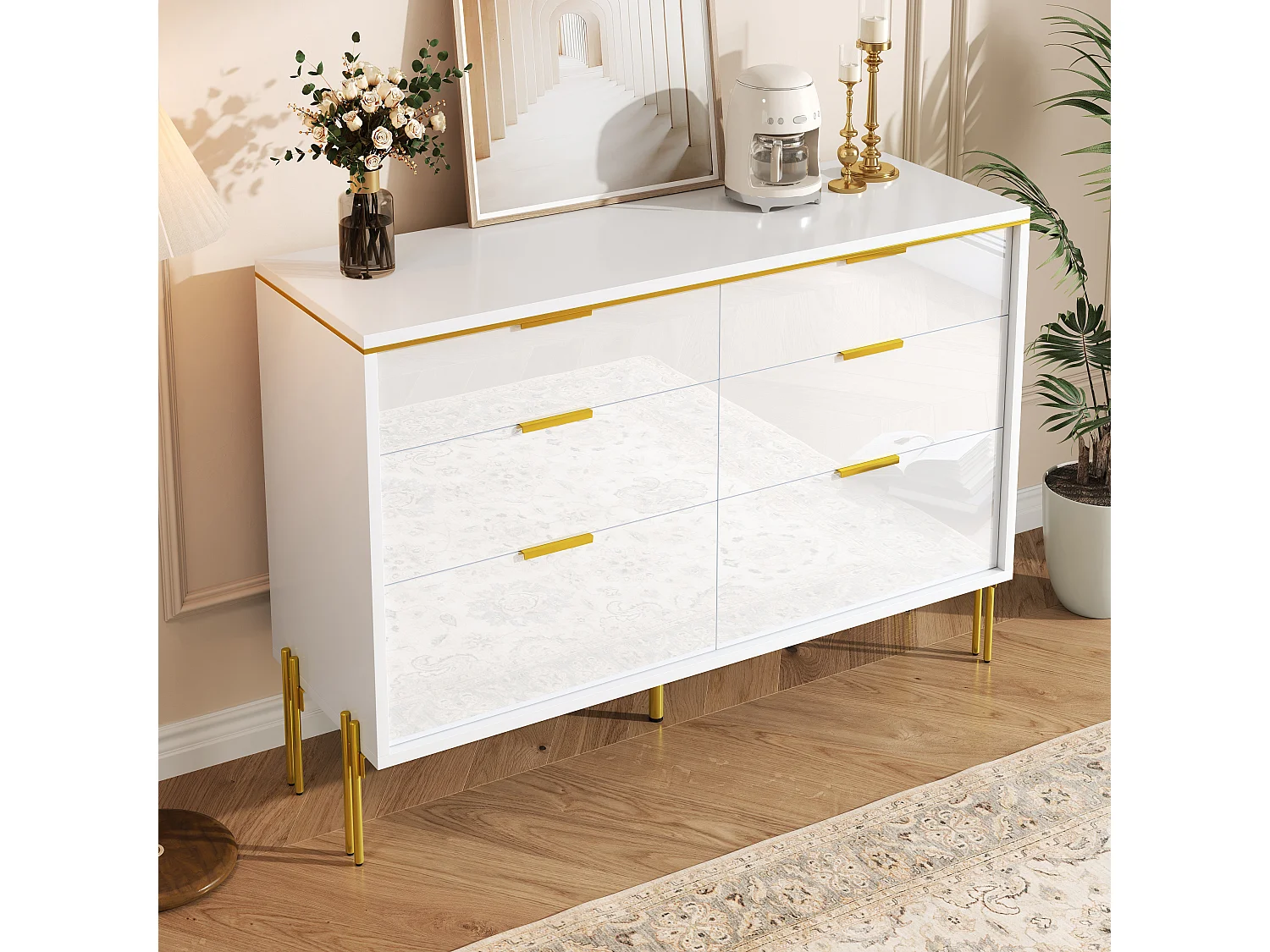 Moderne Kommode mit hochglanzlackierten Fronten und 6 Schubladen – 120 x 40 x 85,5 cm – für das Wohnzimmer – Spanplatte – weiß