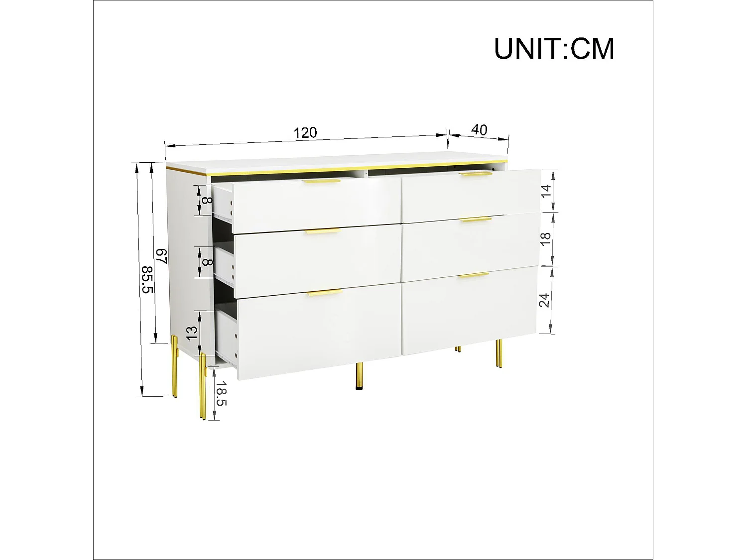 Moderne Kommode mit hochglanzlackierten Fronten und 6 Schubladen – 120 x 40 x 85,5 cm – für das Wohnzimmer – Spanplatte – weiß