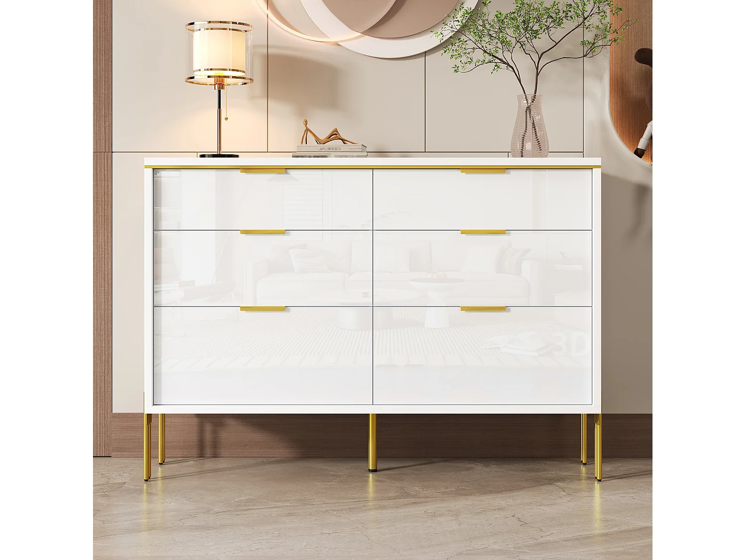 Moderne Kommode mit hochglanzlackierten Fronten und 6 Schubladen – 120 x 40 x 85,5 cm – für das Wohnzimmer – Spanplatte – weiß