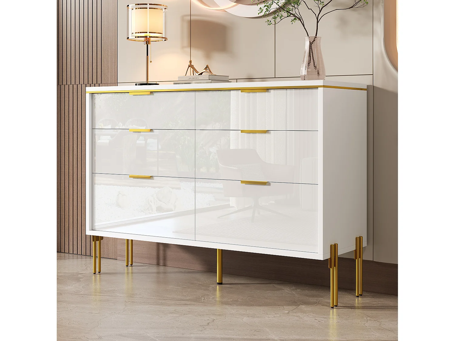 Moderne Kommode mit hochglanzlackierten Fronten und 6 Schubladen – 120 x 40 x 85,5 cm – für das Wohnzimmer – Spanplatte – weiß