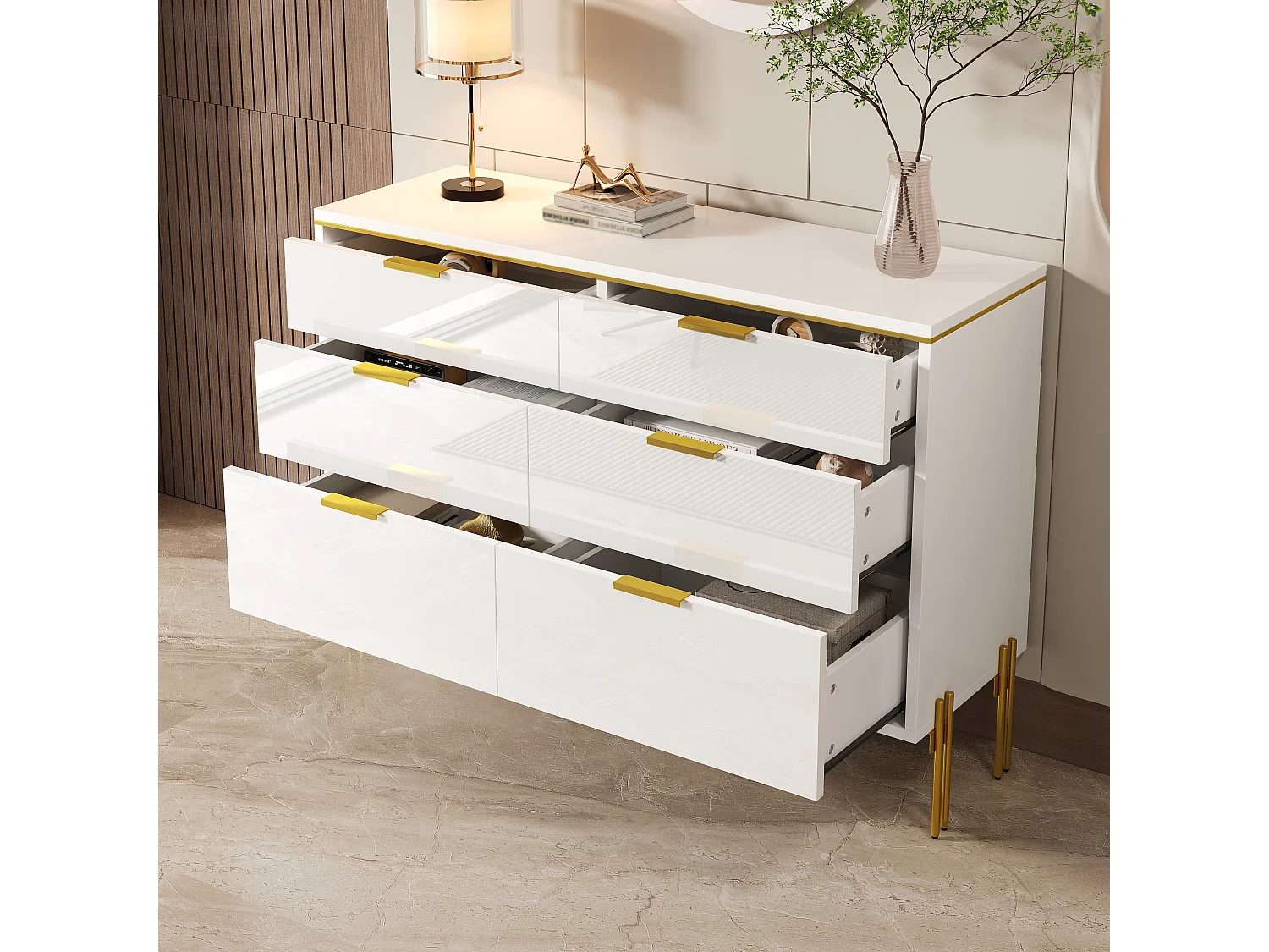 Moderne Kommode mit hochglanzlackierten Fronten und 6 Schubladen – 120 x 40 x 85,5 cm – für das Wohnzimmer – Spanplatte – weiß