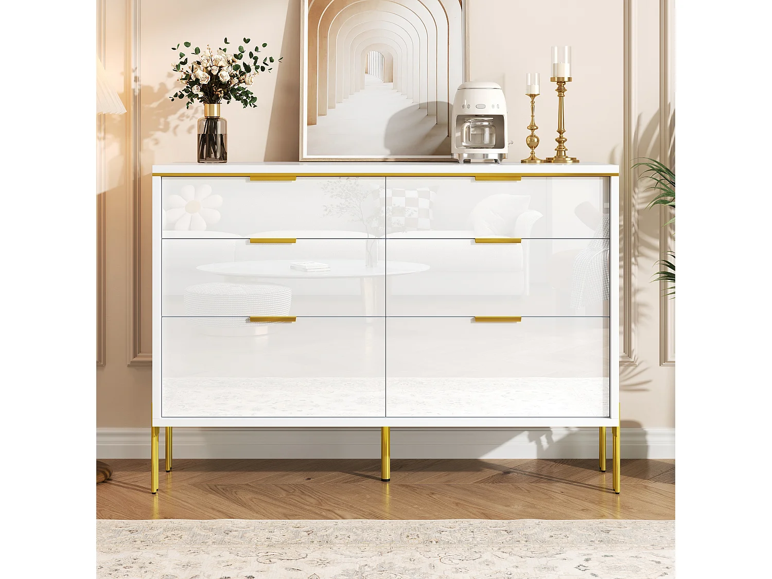 Commodes modernes façades laquées brillantes à 6 tirors - 120 x 40 x 85.5 cm - pour salon - aggloméré - blanc