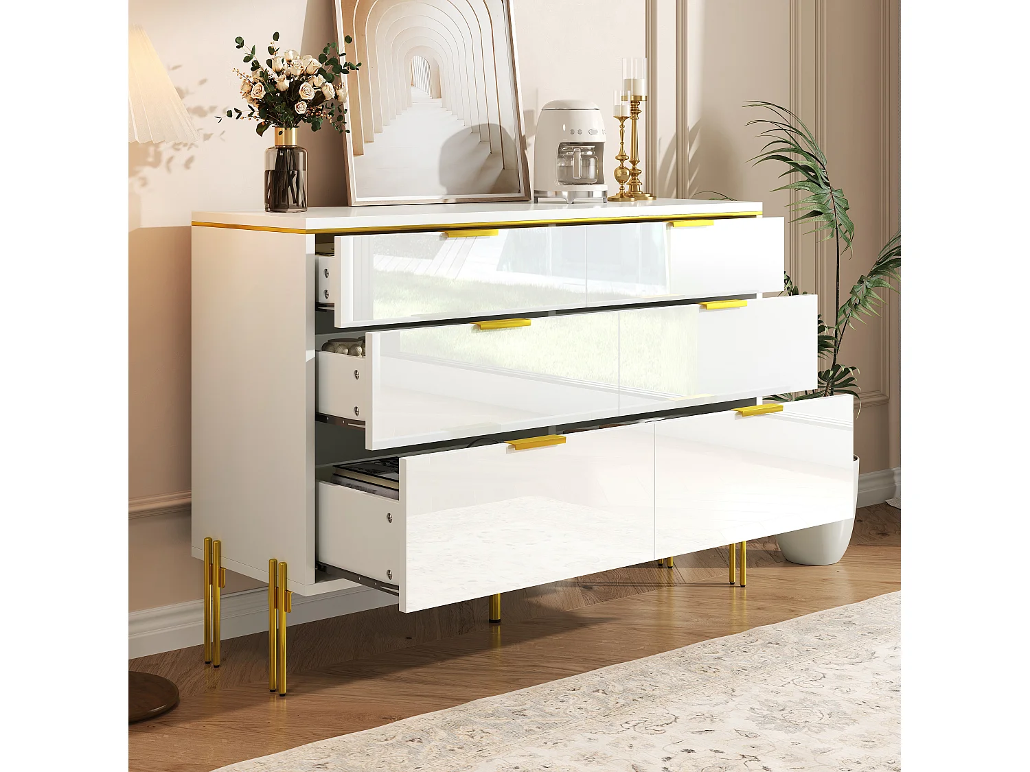 Commodes modernes façades laquées brillantes à 6 tirors - 120 x 40 x 85.5 cm - pour salon - aggloméré - blanc