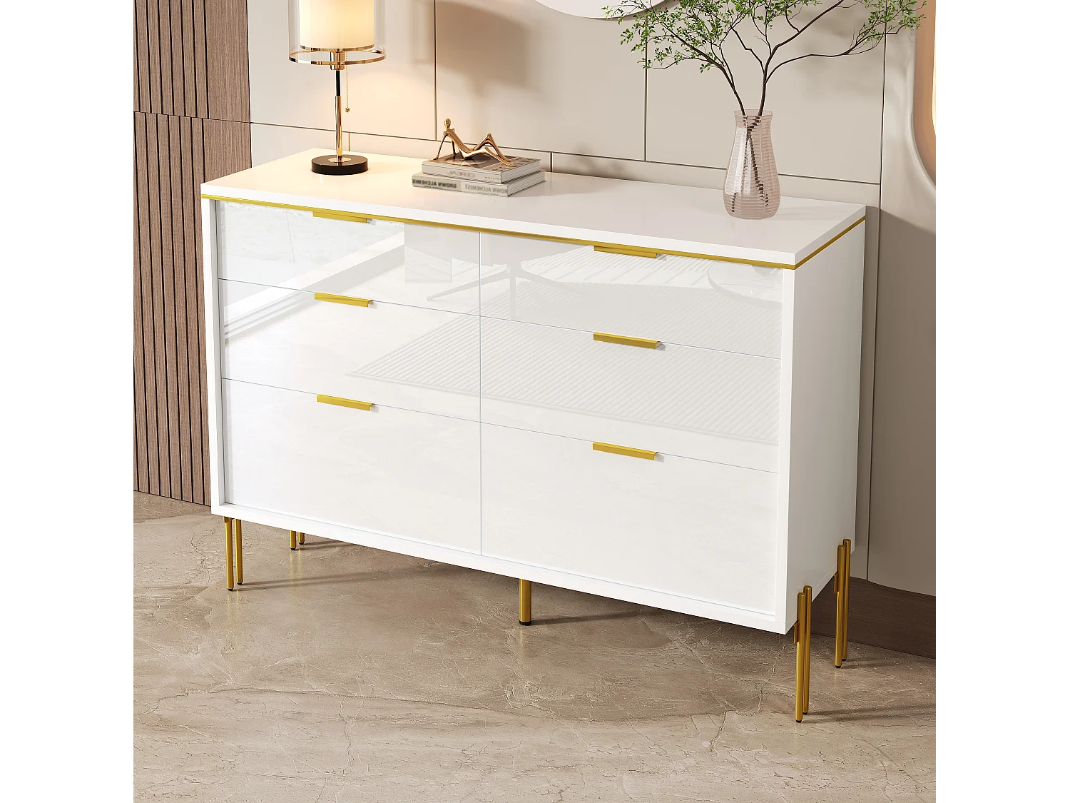 Commodes modernes façades laquées brillantes à 6 tirors - 120 x 40 x 85.5 cm - pour salon - aggloméré - blanc