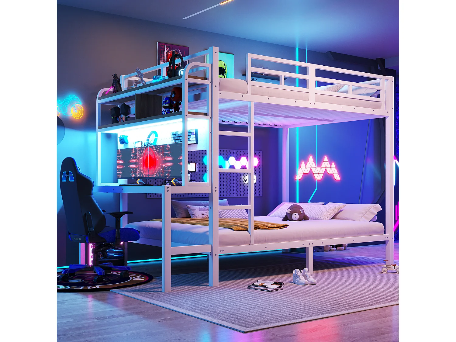 Lit superposé pour enfant - 2 x 140 x 200 cm - structure en fer - avec bureau + Leds + USB + étagère - métal - blanc