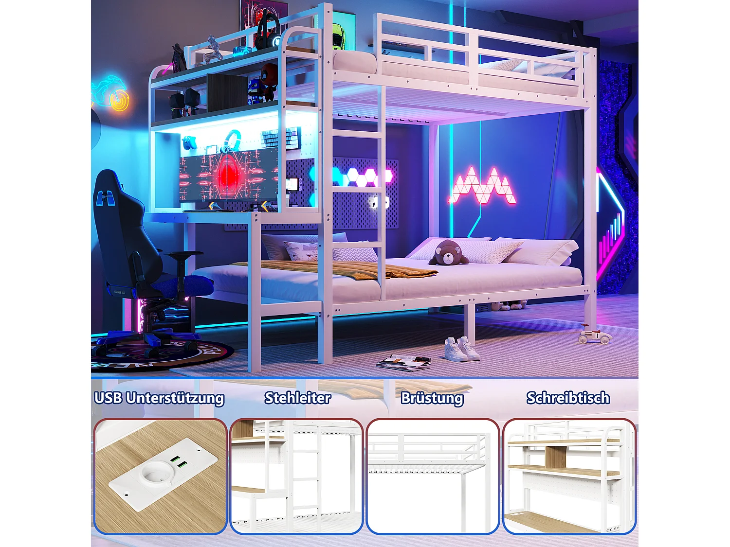 Lit superposé pour enfant - 2 x 140 x 200 cm - structure en fer - avec bureau + Leds + USB + étagère - métal - blanc