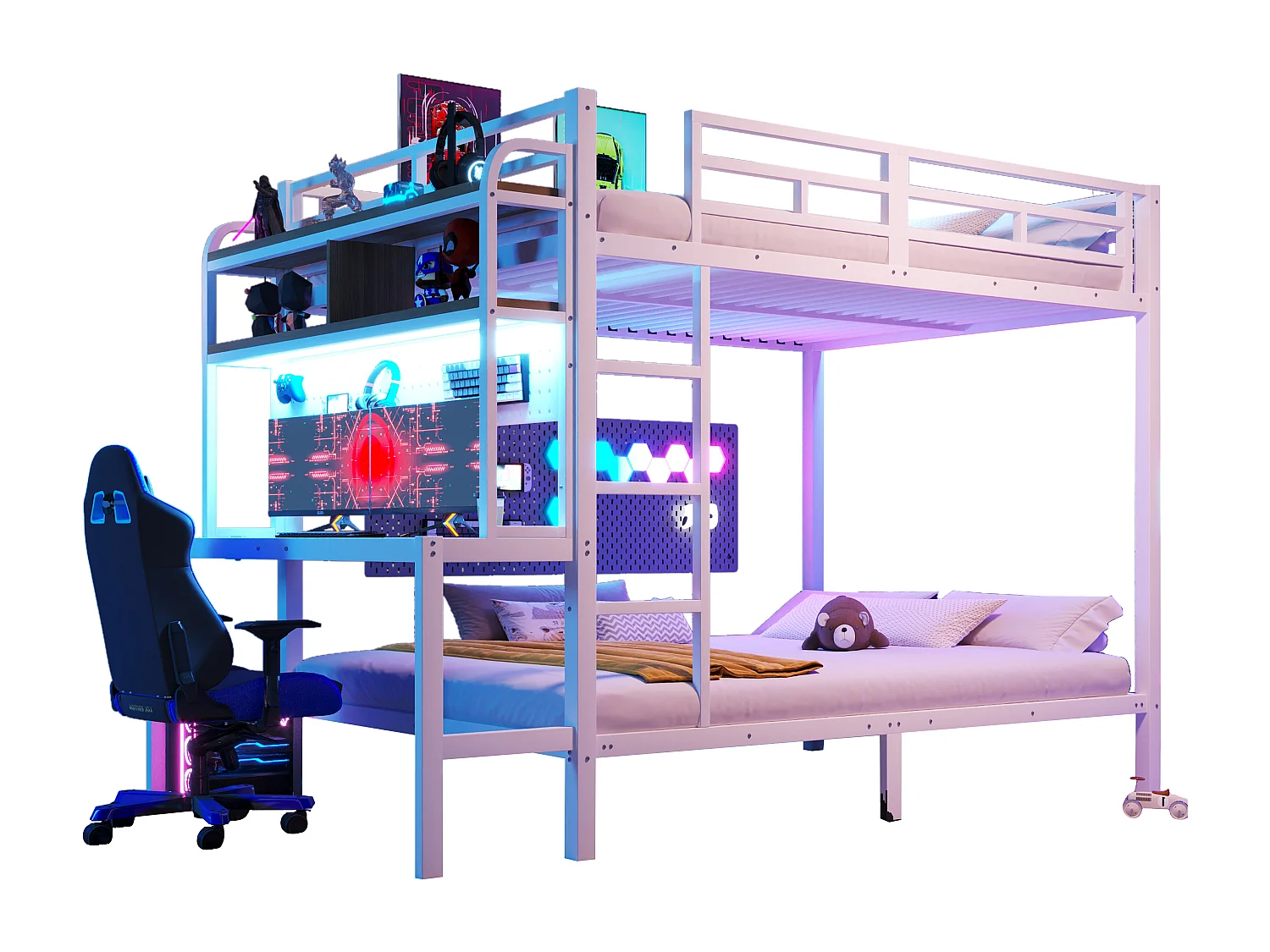 Lit superposé pour enfant - 2 x 140 x 200 cm - structure en fer - avec bureau + Leds + USB + étagère - métal - blanc