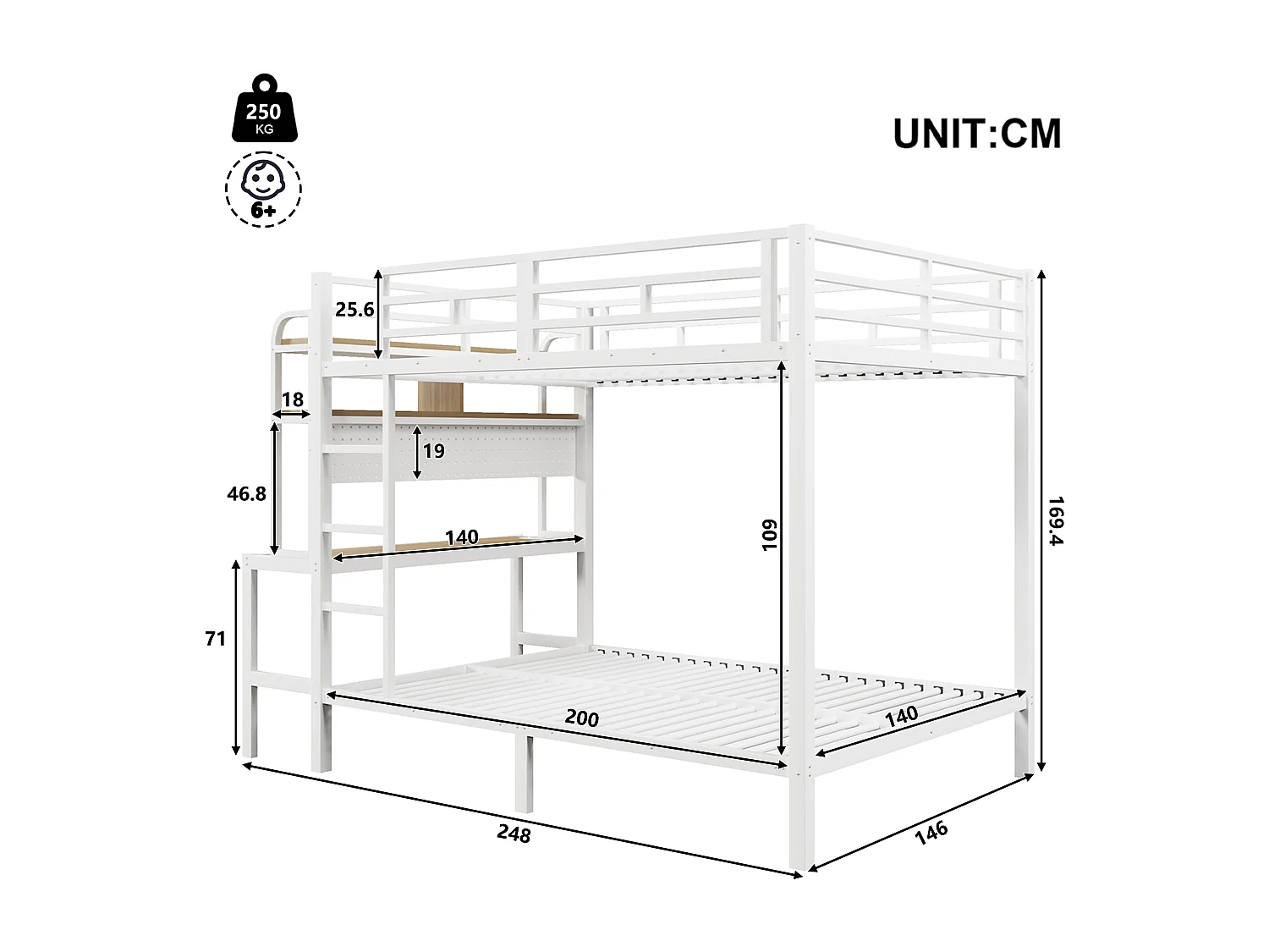 Lit superposé pour enfant - 2 x 140 x 200 cm - structure en fer - avec bureau + Leds + USB + étagère - métal - blanc