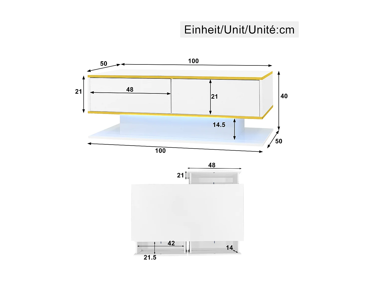 Moderner Couchtisch mit Hochglanzoberfläche – 100 x 50 x 40 cm – mit 3 Schubladen, LED-Beleuchtung und USB-Anschluss – Spanplatte – weiß