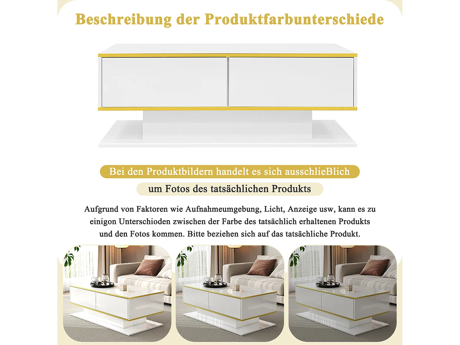 Moderner Couchtisch mit Hochglanzoberfläche – 100 x 50 x 40 cm – mit 3 Schubladen, LED-Beleuchtung und USB-Anschluss – Spanplatte – weiß