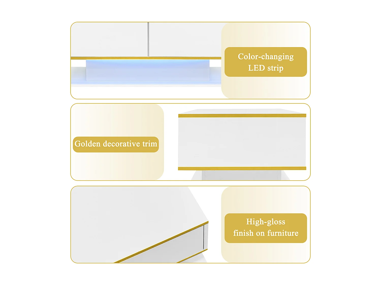 Moderner Couchtisch mit Hochglanzoberfläche – 100 x 50 x 40 cm – mit 3 Schubladen, LED-Beleuchtung und USB-Anschluss – Spanplatte – weiß
