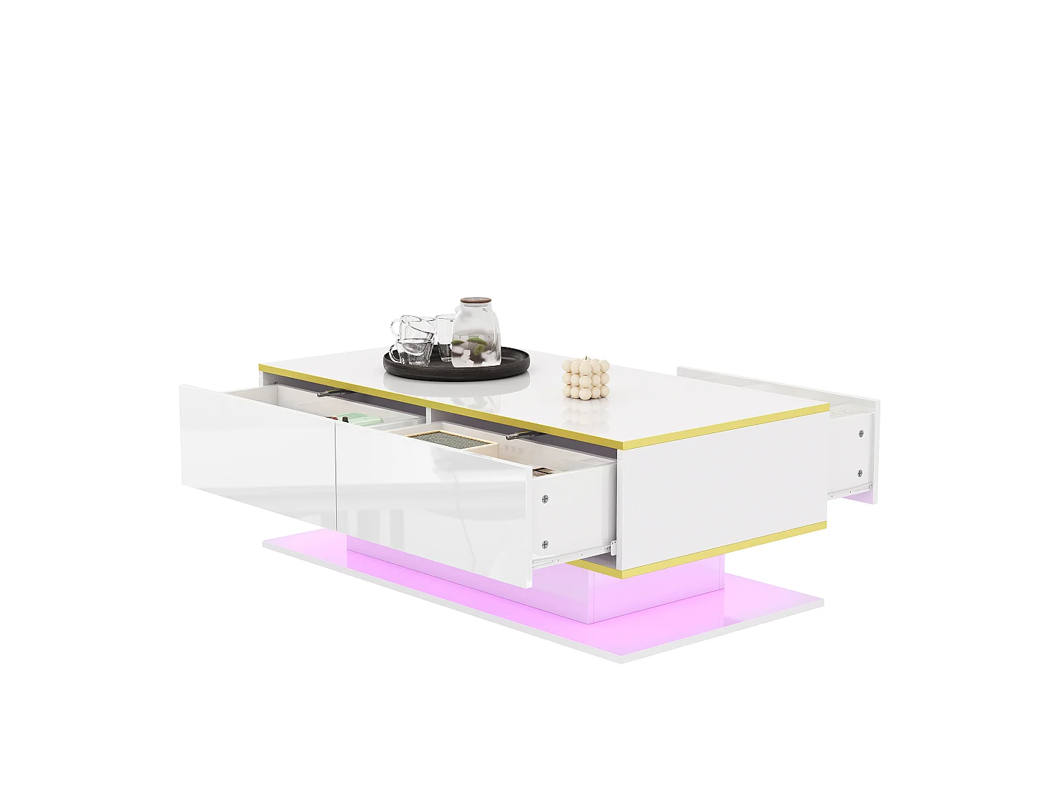 Table basse moderne avec finition brillante - 100 x 50 x 40 cm - avec 3 tiroirs + Leds + USB - aggloméré - blanc