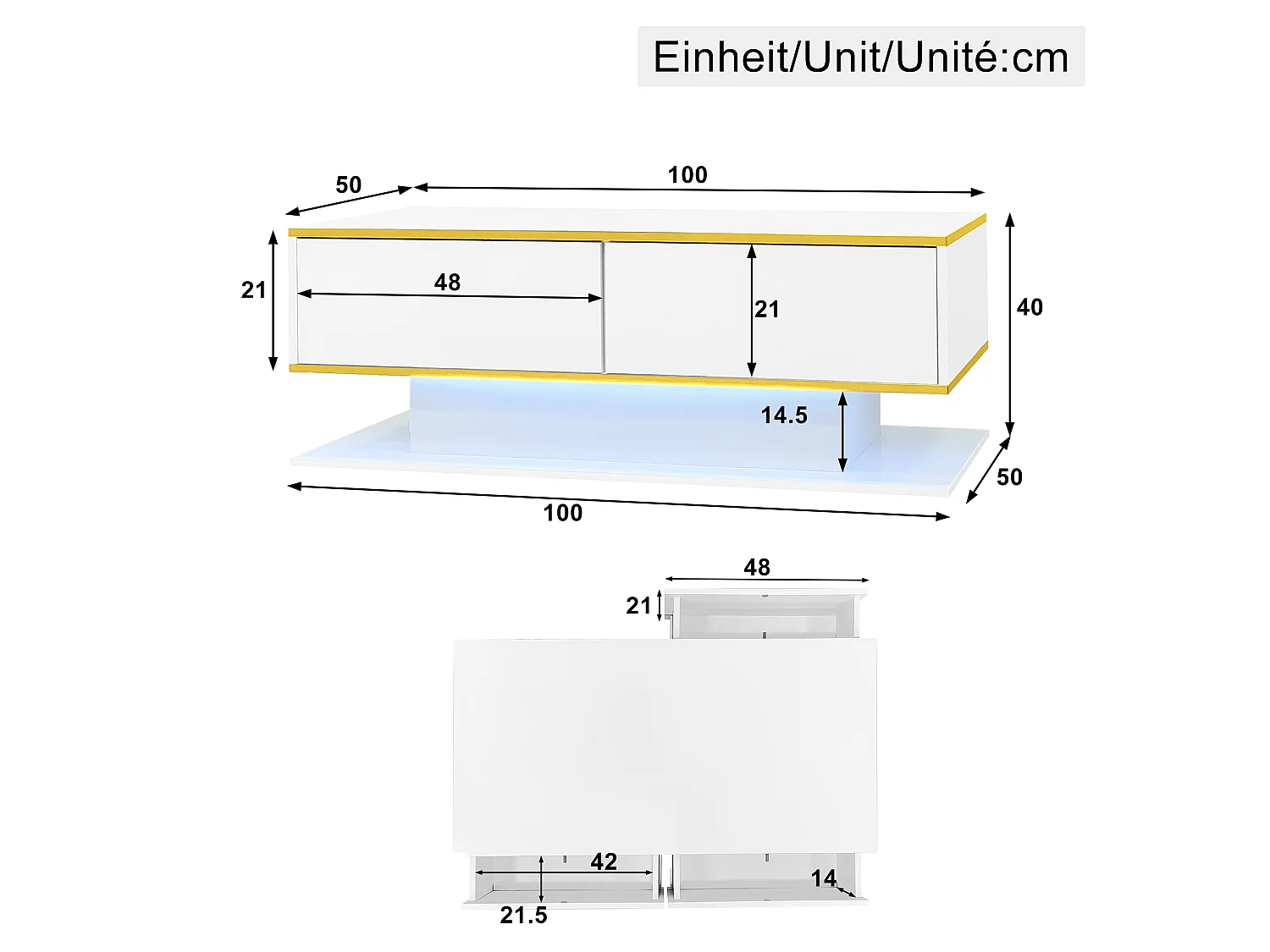 Table basse moderne avec finition brillante - 100 x 50 x 40 cm - avec 3 tiroirs + Leds + USB - aggloméré - blanc
