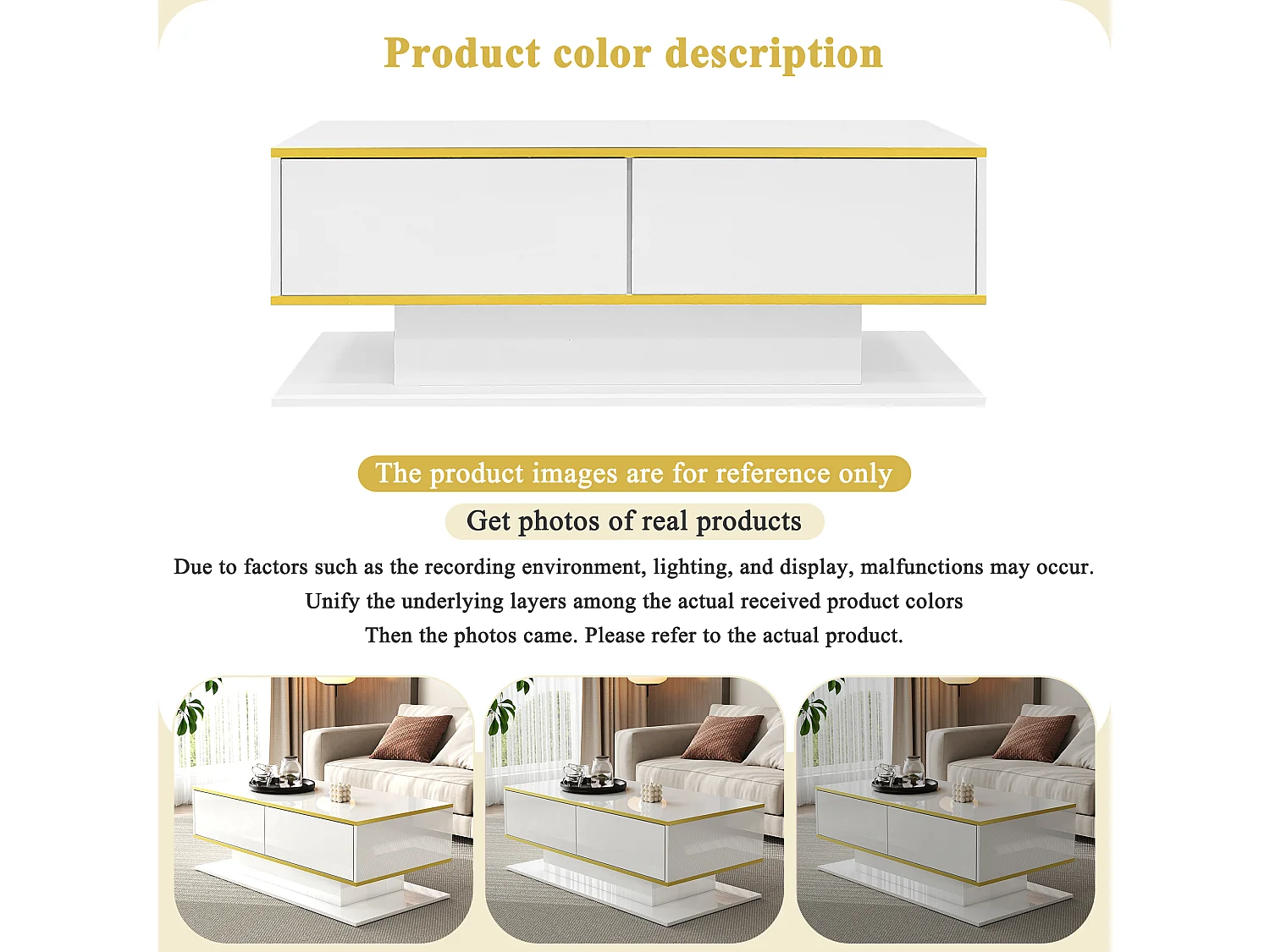 Table basse moderne avec finition brillante - 100 x 50 x 40 cm - avec 3 tiroirs + Leds + USB - aggloméré - blanc
