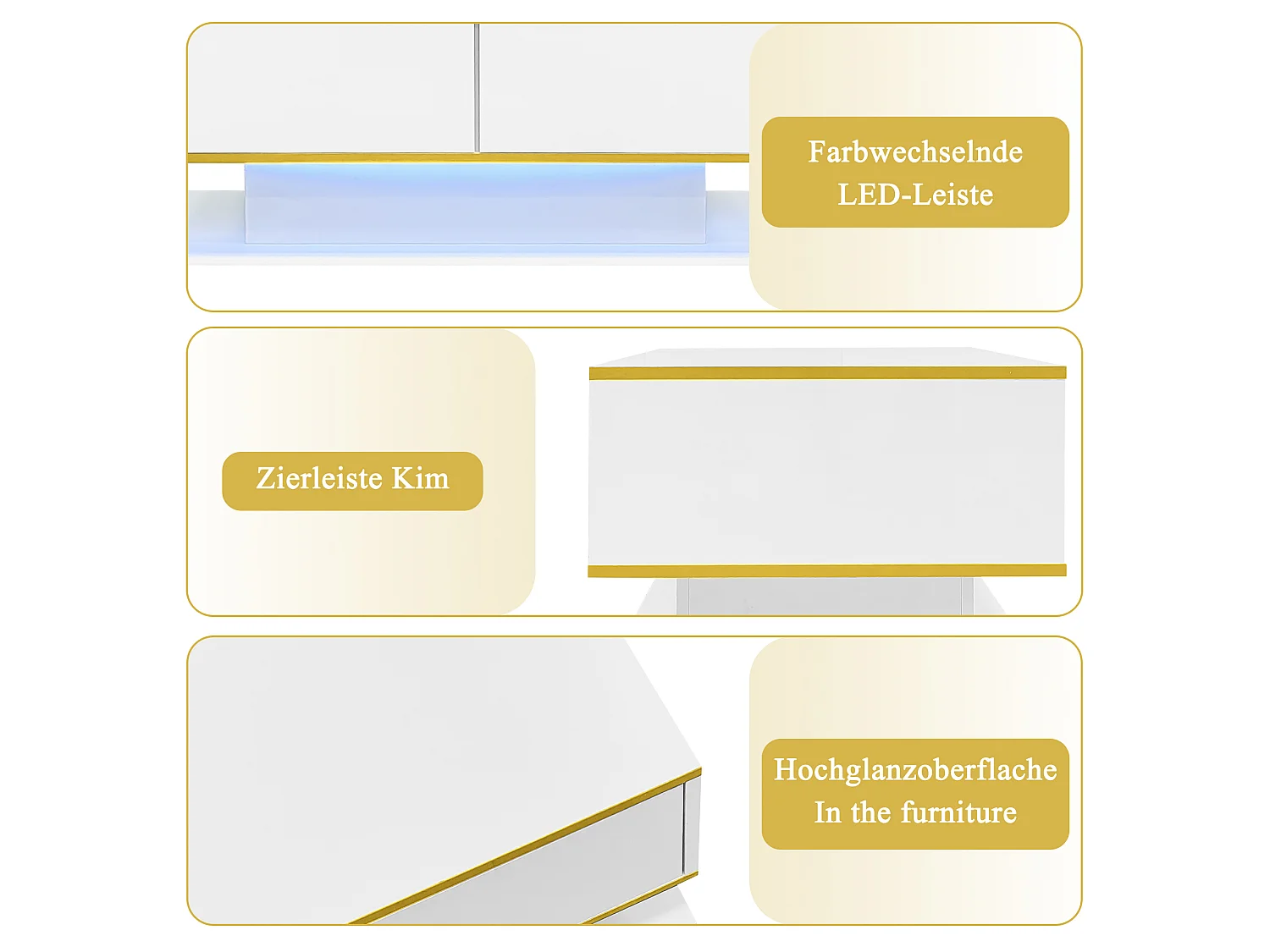 Table basse moderne avec finition brillante - 100 x 50 x 40 cm - avec 3 tiroirs + Leds + USB - aggloméré - blanc