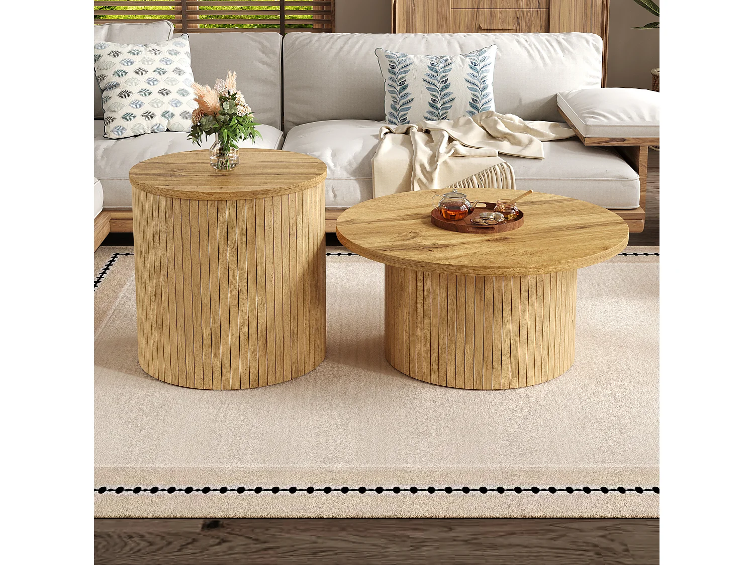 2er-Set Couchtische mit Holzplatten – multifunktionale Wohnzimmertische – MDF – natur